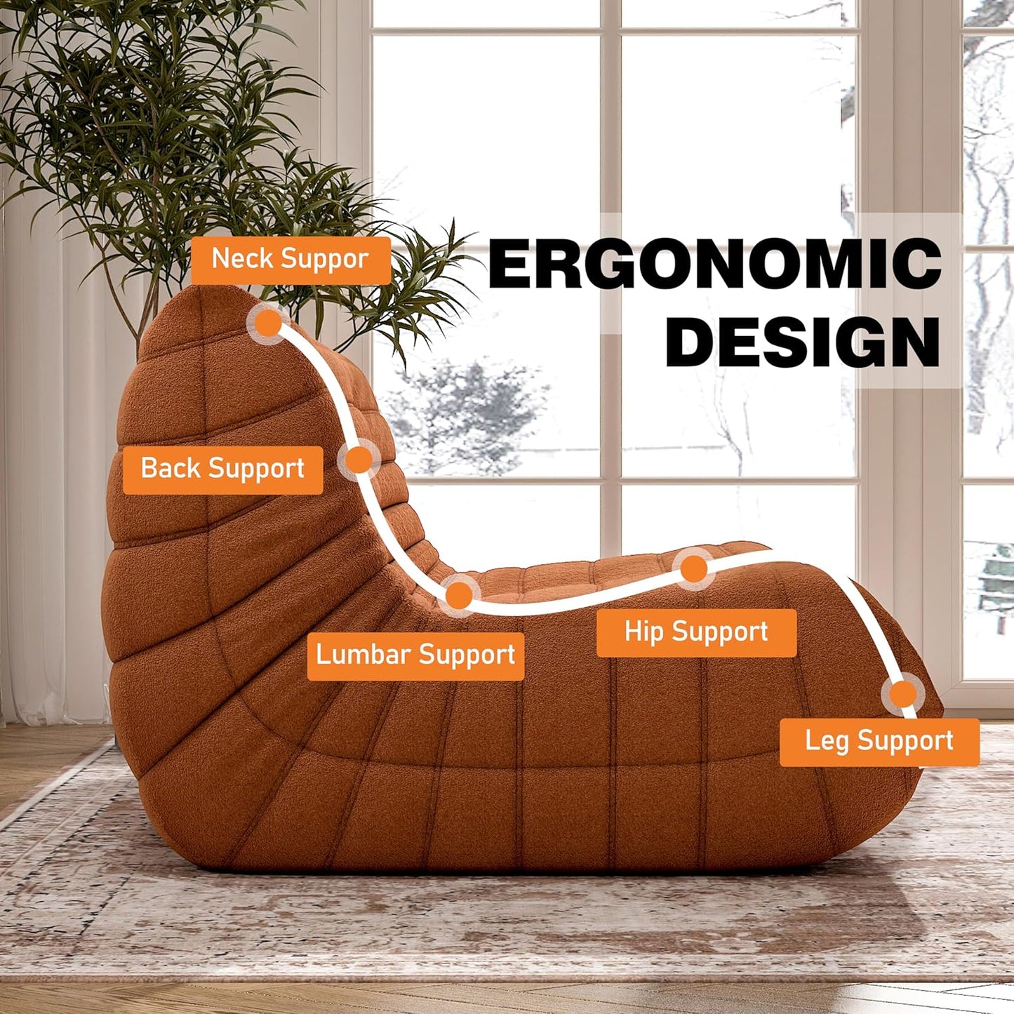 Bean Bag Chair, Loveseat Fireside Chair Bean Bag Sofa Large Bean Bag Chair for Adults, 2 Seater Bean Bag Chairs for Teens with High Density Comfortable Foam, Bean Bag for Living Room, Bedroom (Orange)