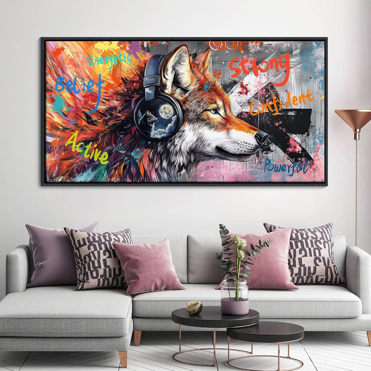 JEAWA Framed Canvas Wall Art, Large Modern Graffiti Street Art Wolf with Headphones Funny 24x48 IN Pictures Print Painting for Living Room Bedroom Office Men Teen Boy Room Home Decor Birthday Gift