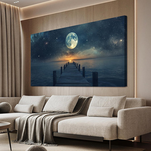 Canvas Wall Art Decor Large Wall Art Pictures for Living Room Canvas Art Wall Decor Landscape Coastal Wall Art Blue Artwork for Walls Prints Star Moon Art Work for Home Office Wall Decor 29"x58"