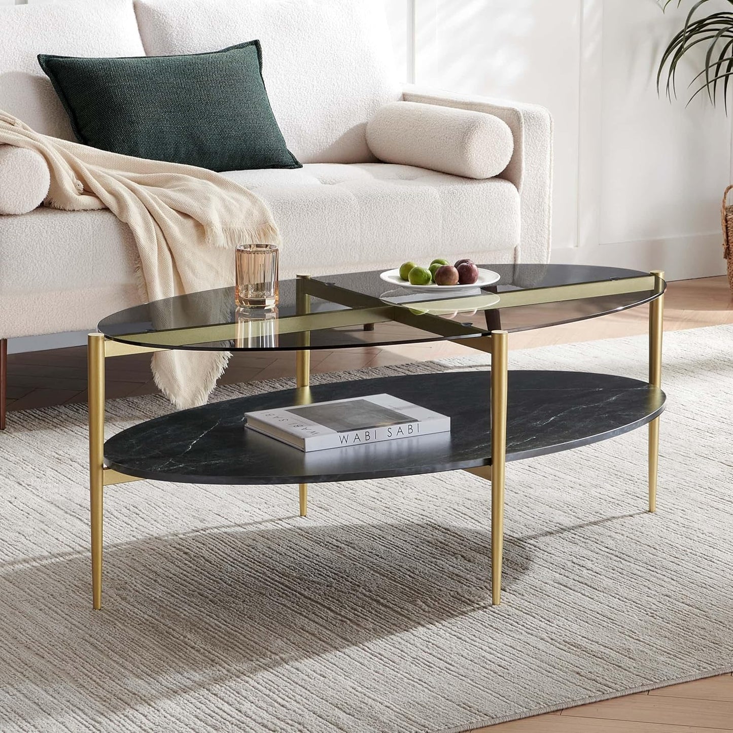 Oval Glass Coffee Table, Mid-Century Modern Design, L43 x W22 x H17 inch, Surfboard Shaped Grey Glass Top and Black Marble Finish Wood Shelf, Tapered Legs with Gold Finish Frame