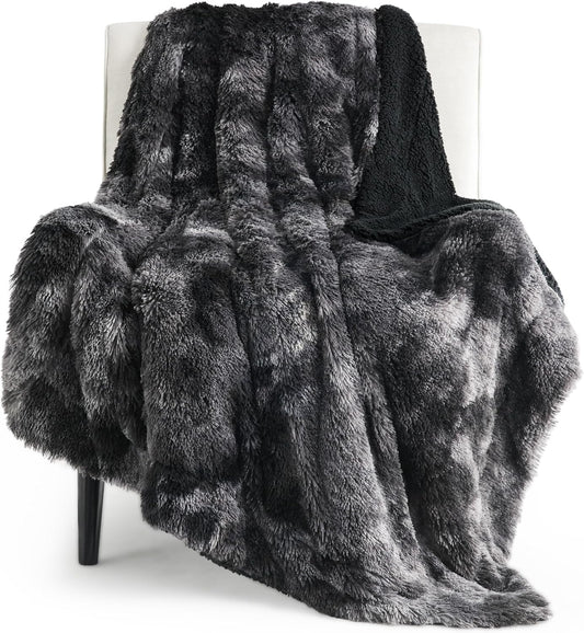 Bedsure GentleSoft Fuzzy Sherpa Faux Fur Twin Blanket Tie Dye Black Cozy Gifts for Boys Girls, Soft Fleece Plush Warm Thick Blanket Twin Size for Bed, Black Room Decor Dorm Essentials Gifts, 60x80