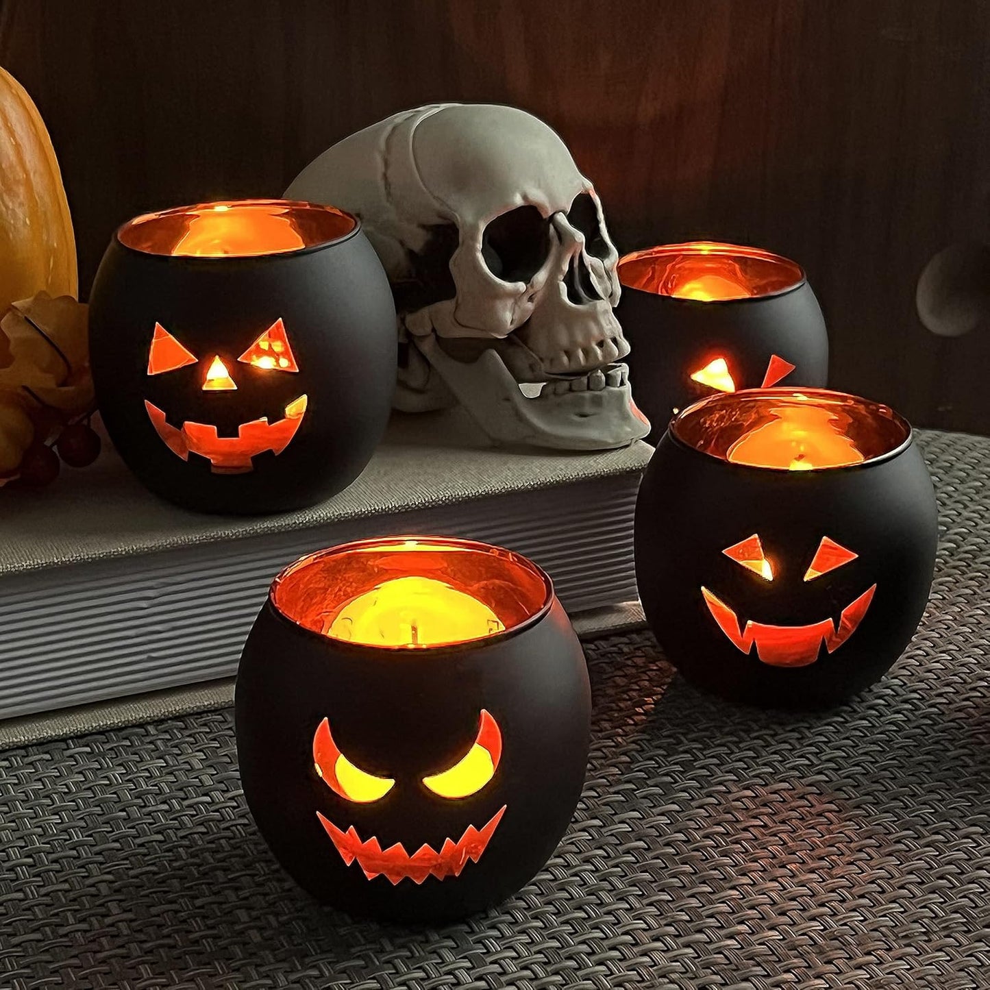 SHMILMH Halloween Table Centerpiece Candle Holders Set of 12, Black and Gold Glass Votive Holder with 6 Grimace, Tealight Holders Bulk for Halloween Party D?or