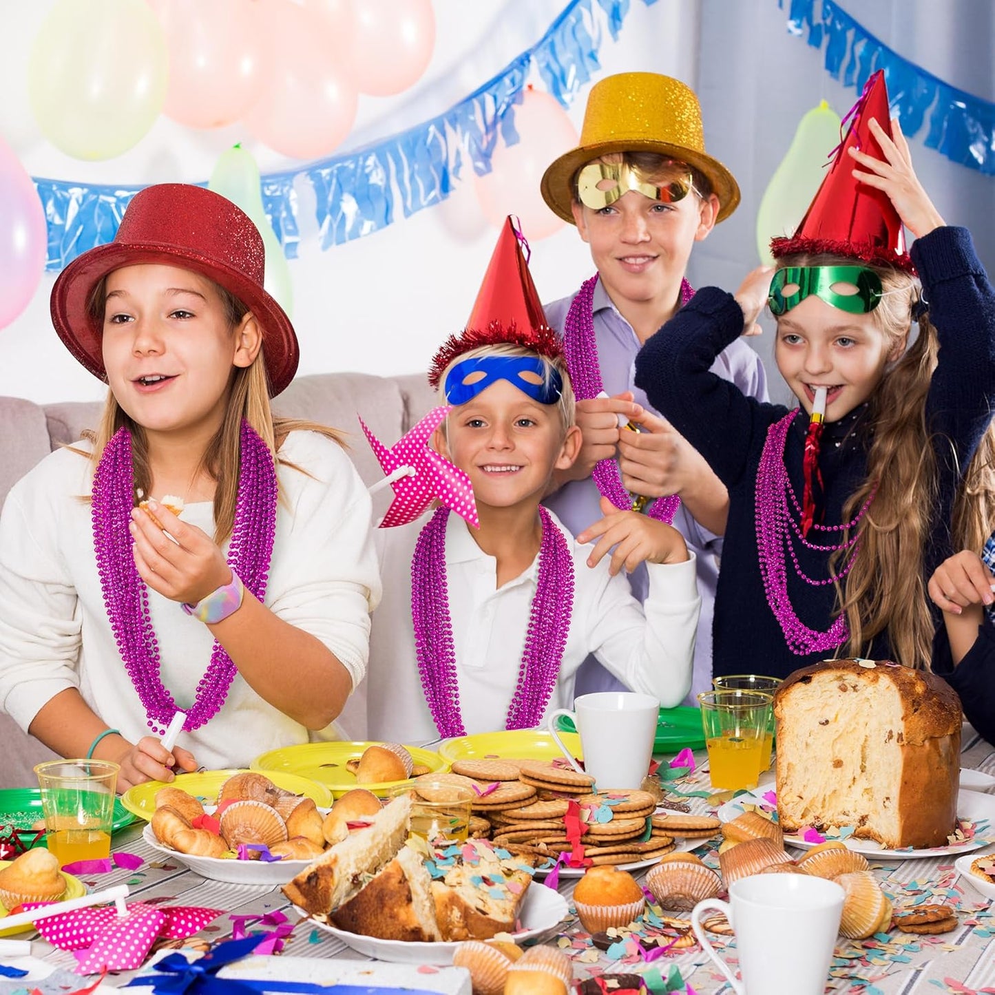 50PCS Bead Necklace, Metallic Mardi Gras Pink Bead Necklace, 33" Mardi Gras Round Beaded, Festival Parade Throw for Breast Cancer Awareness Accessories Gender Reveal Party Supplies Decor