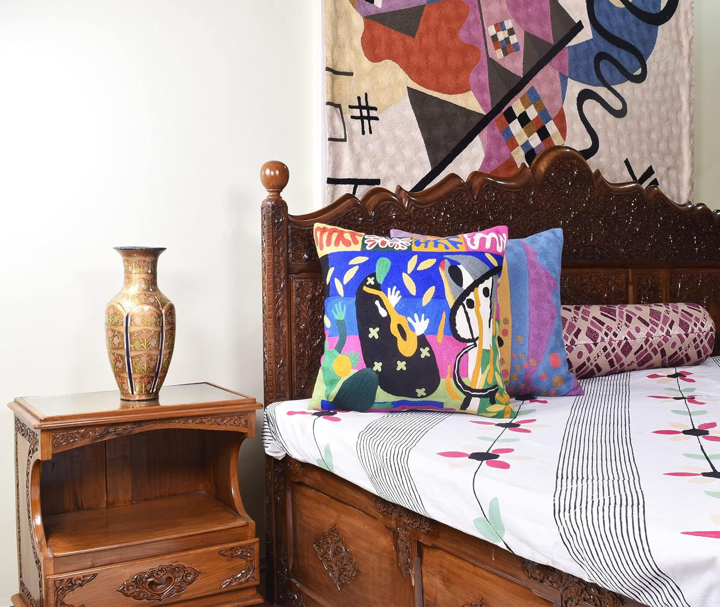 Matisse Decorative Pillow Cover - Music Modern Chair Cushion| Modern Farmhouse Pillows | Flower Outdoor Pillow | Mid Century Chair Cushions |Hand Embroidered Wool Size 18x18