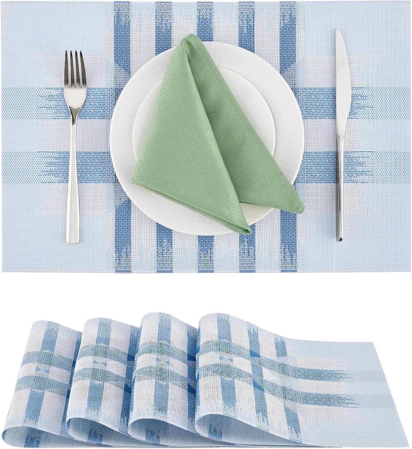 Leetaltree Geometric Print Blue Placemats Set of 4 - Heat Resistant Non-Slip Place mats for Dining Table, Washable Durable PVC Vinyl Woven Table Mats (Geometric Blue, 4)
