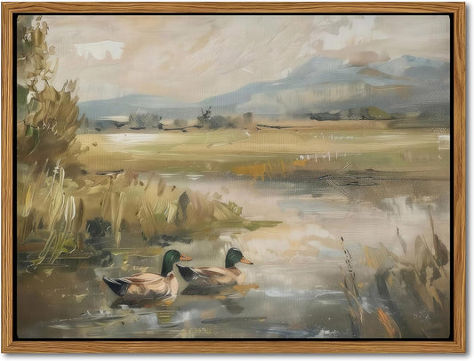 Floating Framed Canvas Wall Art, Vintage Mallard Duck Oil Paintings Print, Countryside Art Wildlife Nature Pond Wall Decor for Living Room, Bedroom, Office, Rustic Decor 12x16 inch