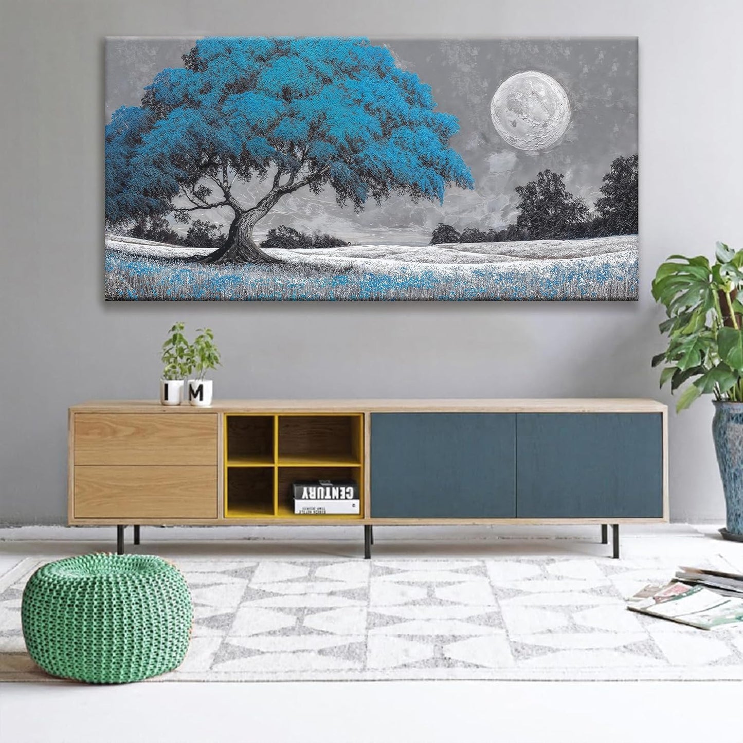 TAIJXAGSG Wall Art Blue Tree Moon Picture Canvas Art Wall Decor Artwork Abstract Canvas Print Painting Nature For Living Room Bedroom Bathroom Office Home Wall Decor 29"X 58"Can Be Hung Directly