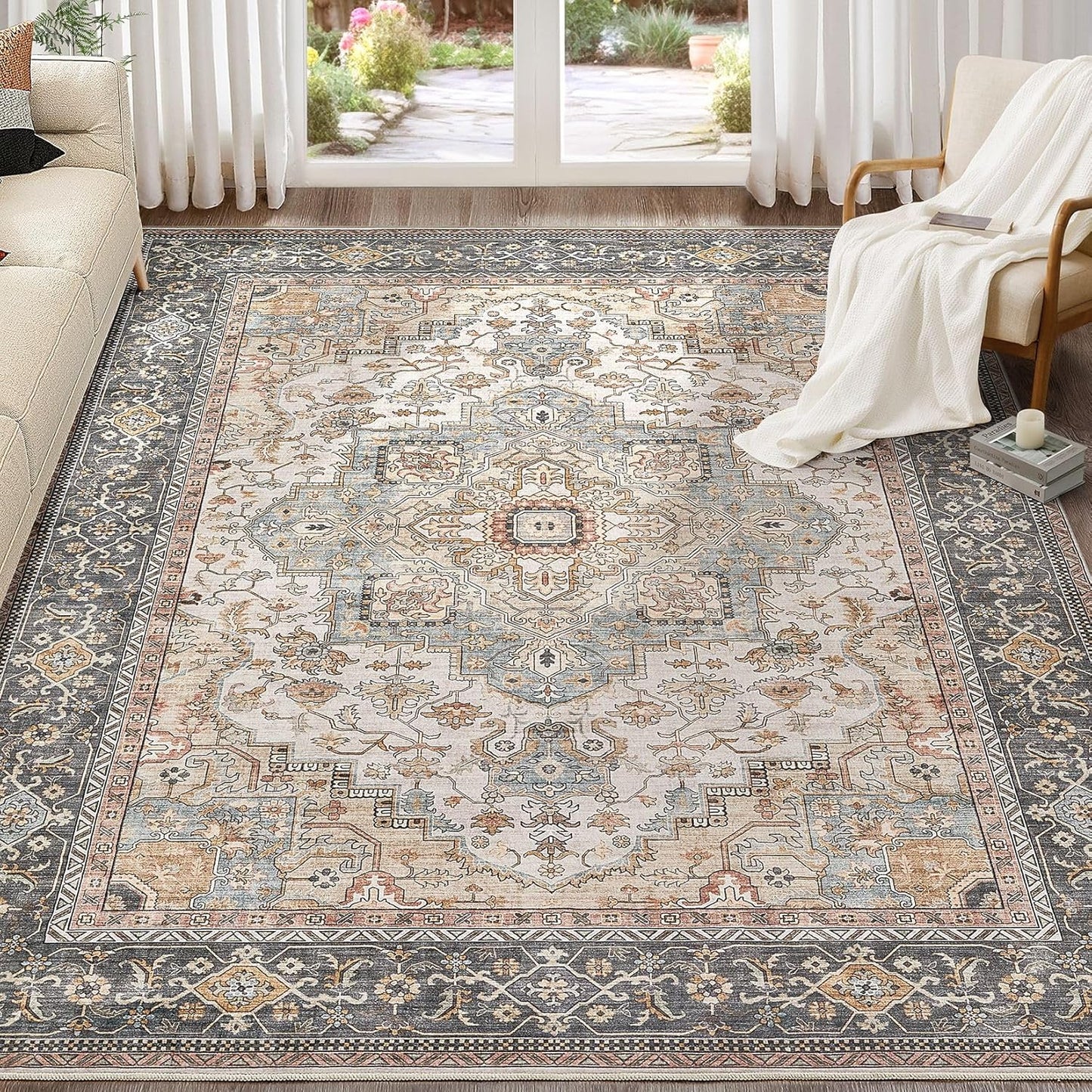 Washable Area Rugs for Living Room - 7x9 Neutral Vintage Distressed Floral Farmhouse Boho Large Soft Floor Rug Indoor Non Slip Carpet for Living Room Bedroom Dining Room Office - Forest Green Orange