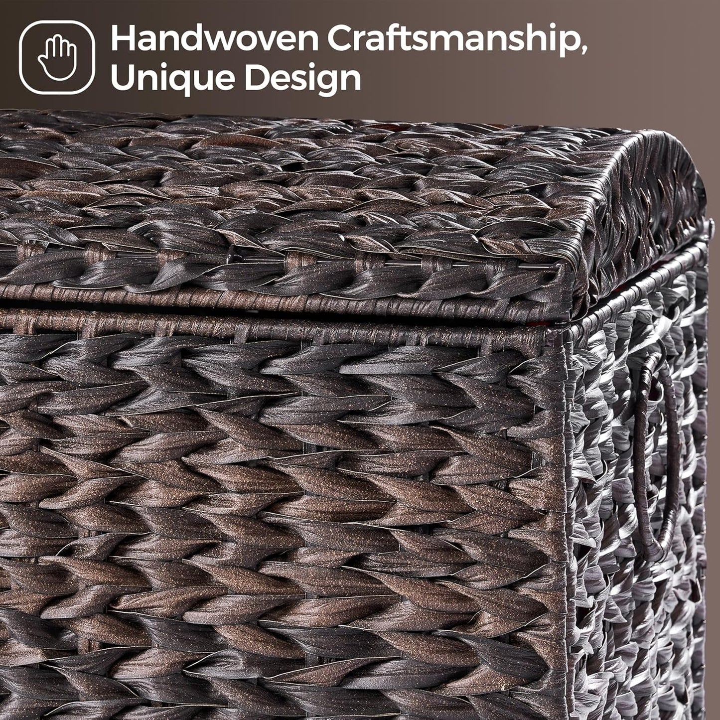 Handwoven Storage Basket with Lid, 178L Plastic Rattan Storage Bin, Leather Buckle & Metal Frame, Large Metal Ring Handles, Storage Trunk for Bedroom, Laundry Room