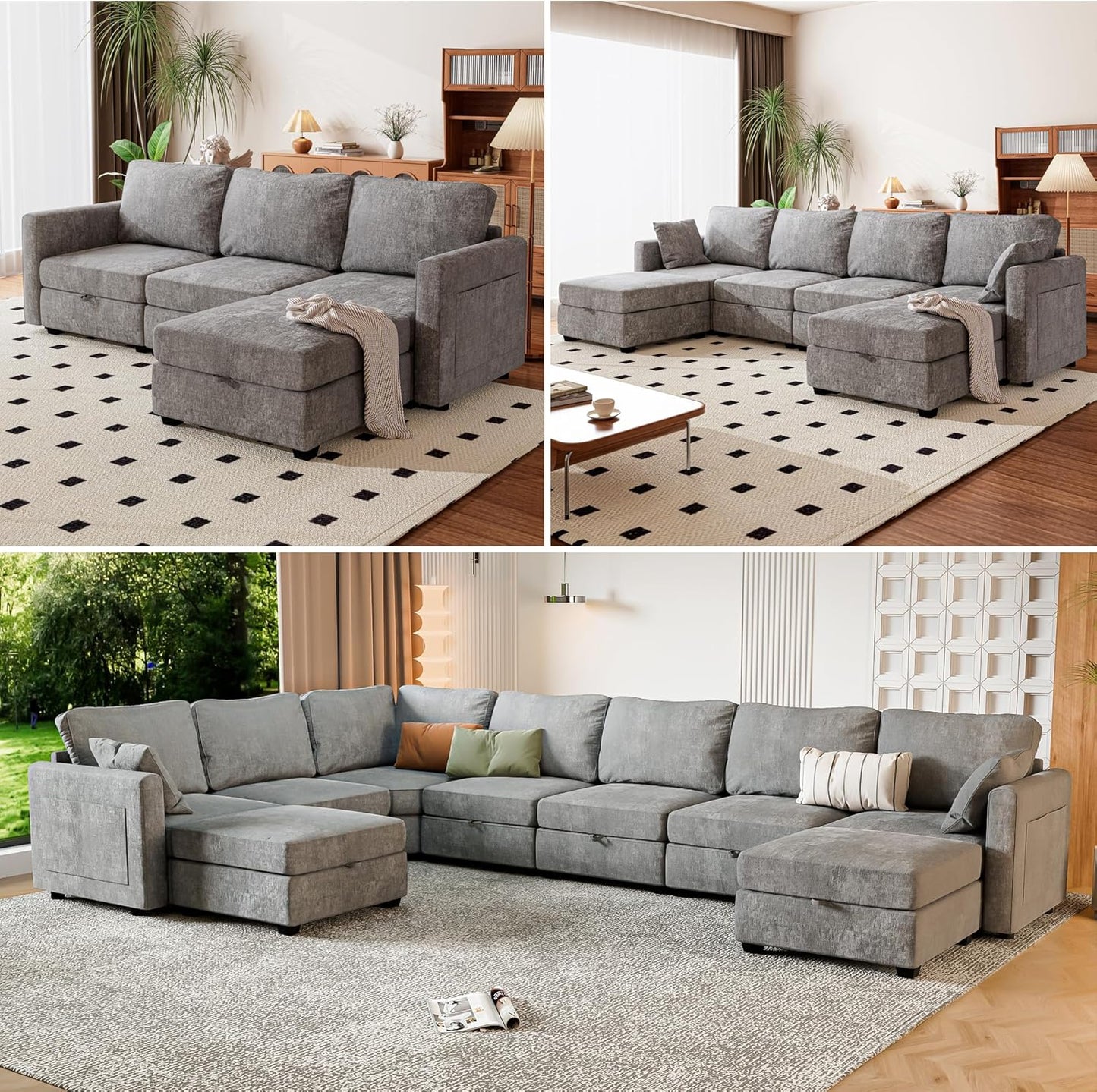 mestyl Modular Sectional Sofa Convertible L Shaped Sofa Couch Set with Storage for Living Room, Modern 4 Seater Modular Sectional Couch with Movable Ottoman (Grey)