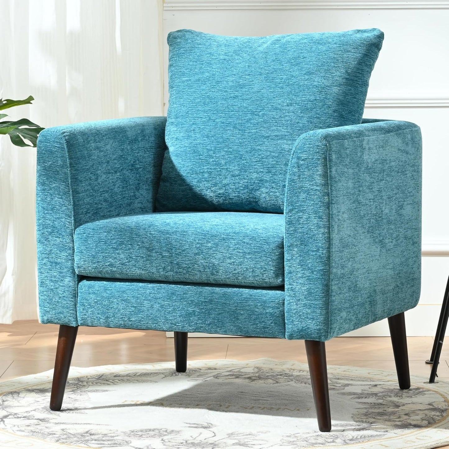 Barrel Accent Chair with Back Pillow, Large Upholstered Armchair with Solid Wood Legs Modern Reading Chairs for Living Room Bedroom