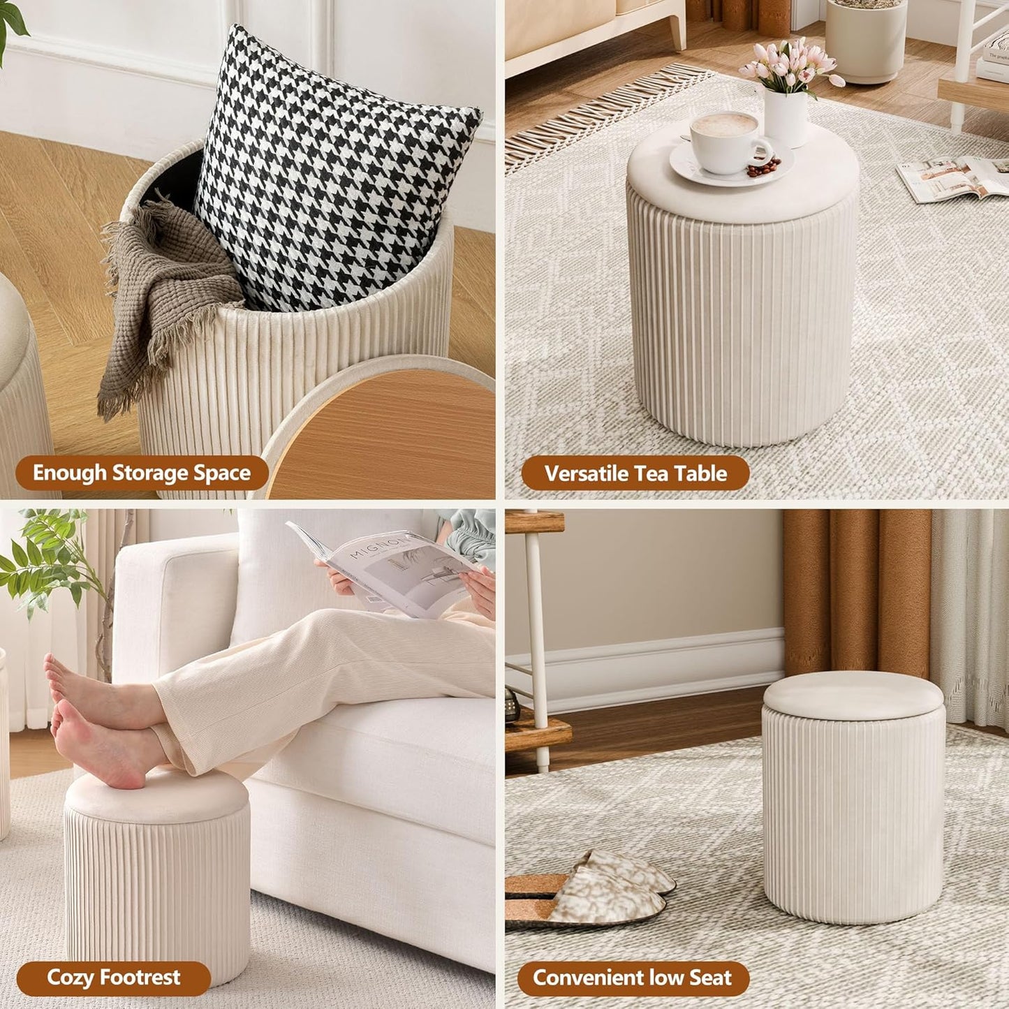 Ottoman with Storage Set of 2, Velvet Storage Ottoman, Upholstered Sponge Vanity Stool Support 300lbs, Multifunctional Coffee Table Foot Rest Ottomans for Living Room Bedroom, Beige