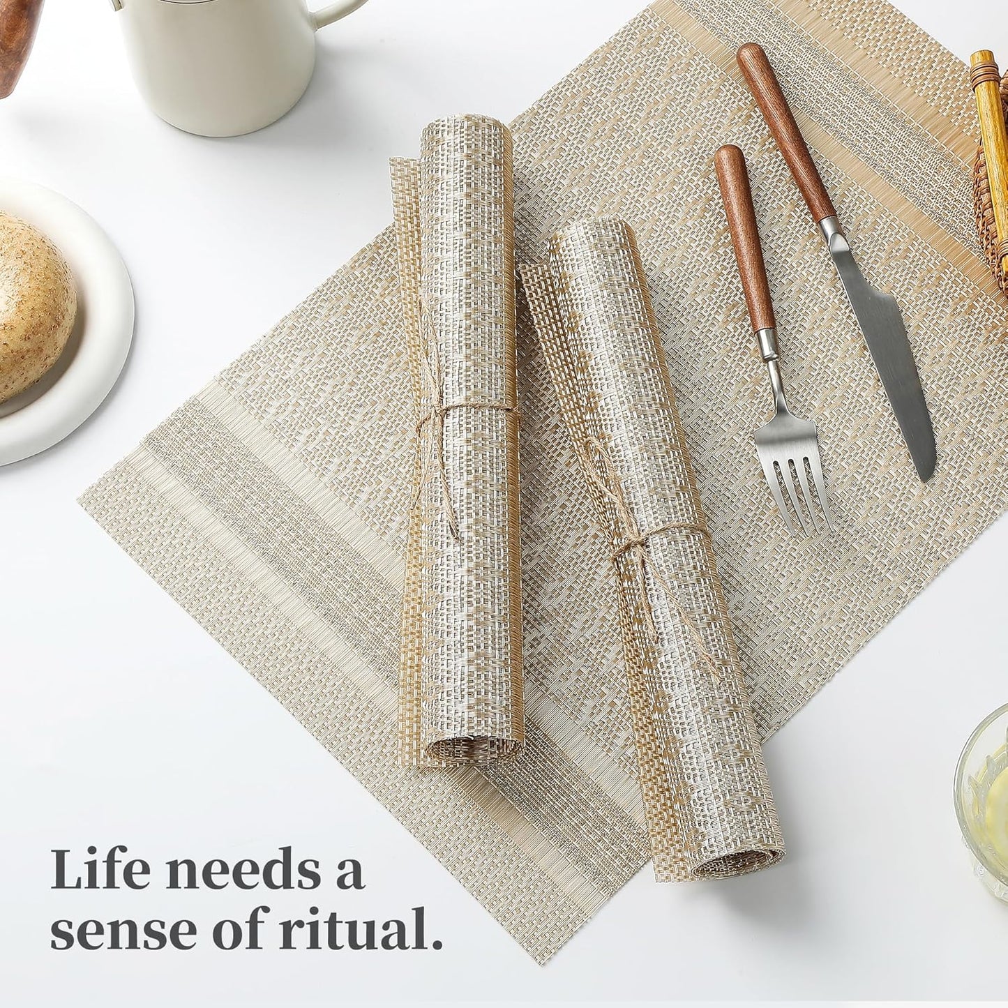 Leetaltree Stardust Yellow Placemats Set of 6 - Heat Resistant Non-Slip Place mats for Dining Table, Washable Durable PVC Vinyl Woven Table Mats（Stardust Yellow, 6）