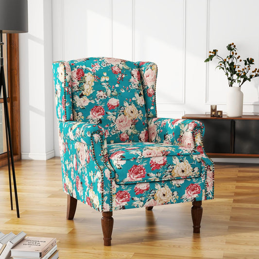 UIXE High Back Floral Accent Chair, Upholstered Armchair in Fabric, Retro Printed Wingback Arm Chair for Living Room, Nailhead Trim Single Sofa Bedroom Reading Seat - Peacock Blue