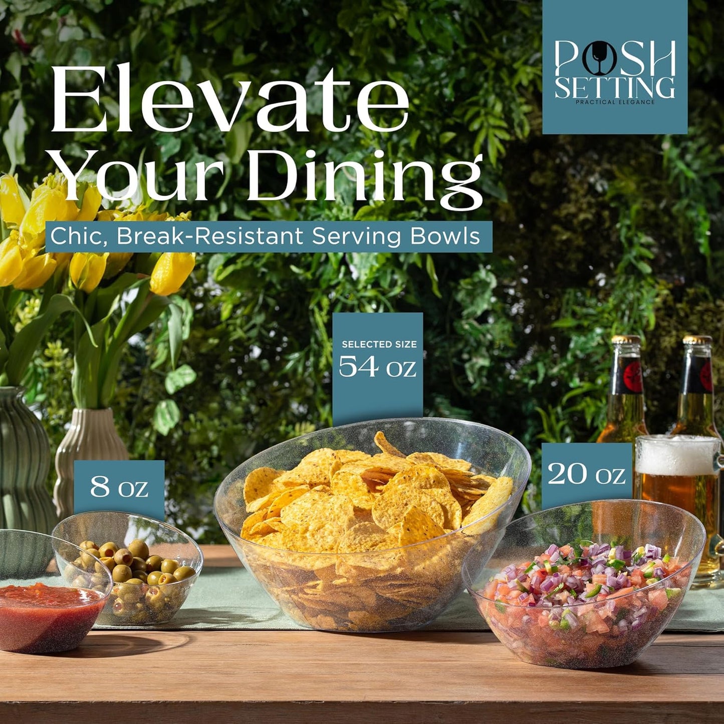 Posh Setting - Silver Plastic Serving Bowls Angled & Candy - Salad & Fruit Serving Bowls Wedding - 8 OZ, Glitter, 5 Pack