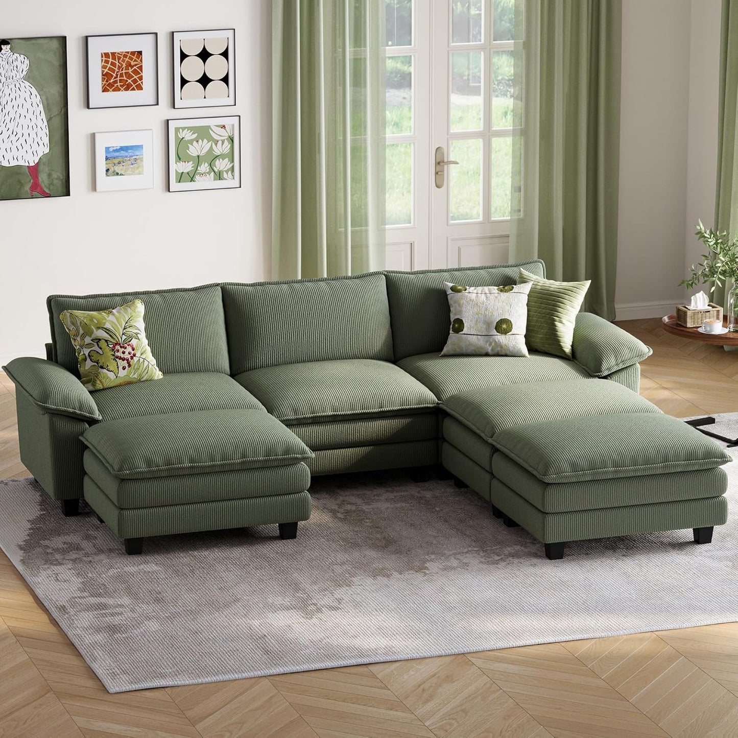 LINSY HOME Sectional Sleeper Sofa - 123'' Modular Cloud Couch Oversized Corduroy Sofa Bed with Movable Ottoman Soft Modern Comfy Couch for Living Room Apartment Office, Green