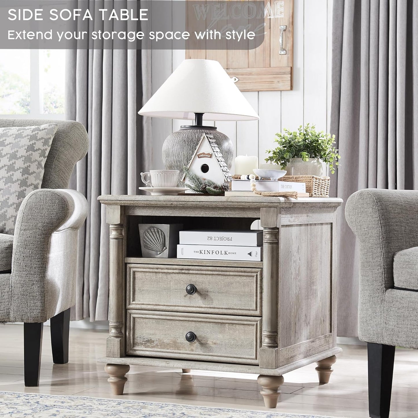 T4TREAM 24'' Farmhouse End Table w/4 Solid Wood Feet, Large 2 Drawers Wide Sofa Side Table with Charging Station, Tall Rustic Wood Square Nightstand for Living Room, Bedroom, Office, Light Rustic Oak