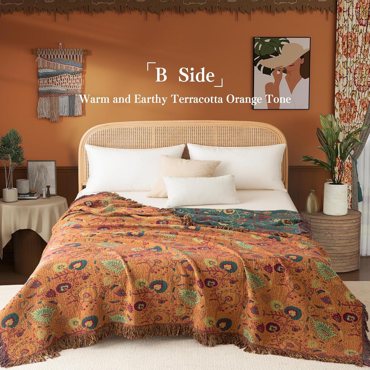 Boho Throw Blanket Queen Size, Oversized Soft Cozy Cotton Muslin Quilt Blanket for Bed Decor, Floral Patterned Couch Sofa Chair Cover, Vintage Farmhouse Cottage Woven Blanket, Green&Orange