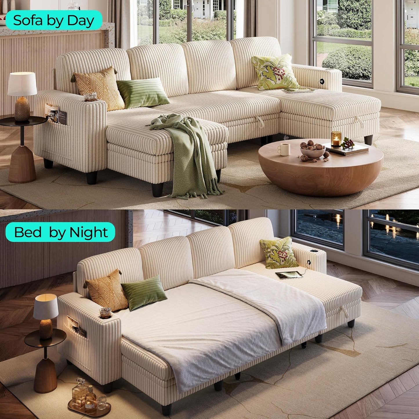 LINSY HOME Sectional Sleeper Sofa with Pull Out Couch Bed - Convertible Plush Corduroy Cloud Couch with Storage Chaise & USB Charging, Comfy U Shaped Modular Couches for Living Room, Beige