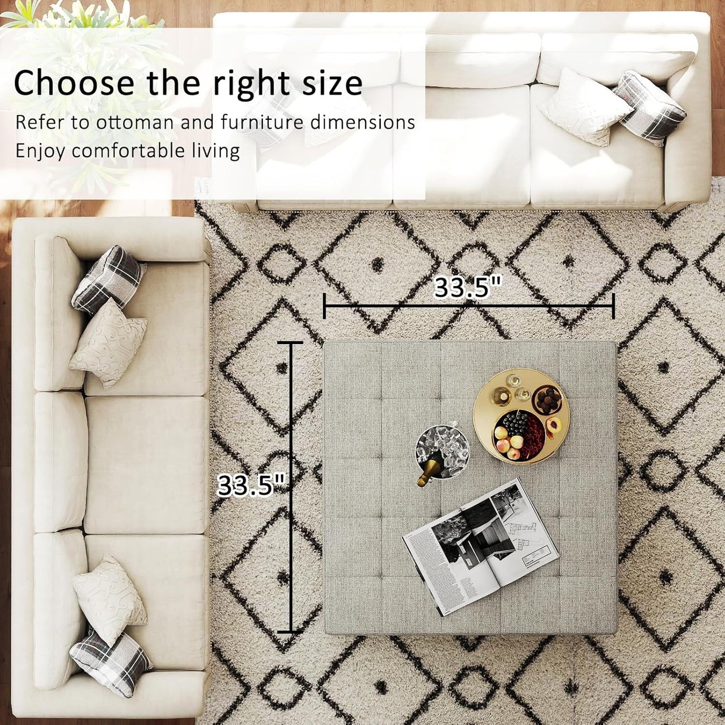 Large Square Ottoman Coffee Table, Linen Solid Upholstered Footrest Ottoman with Solid Wood Shelf Storage Tufted Coffee Table for Bedroom Living Room, Linen