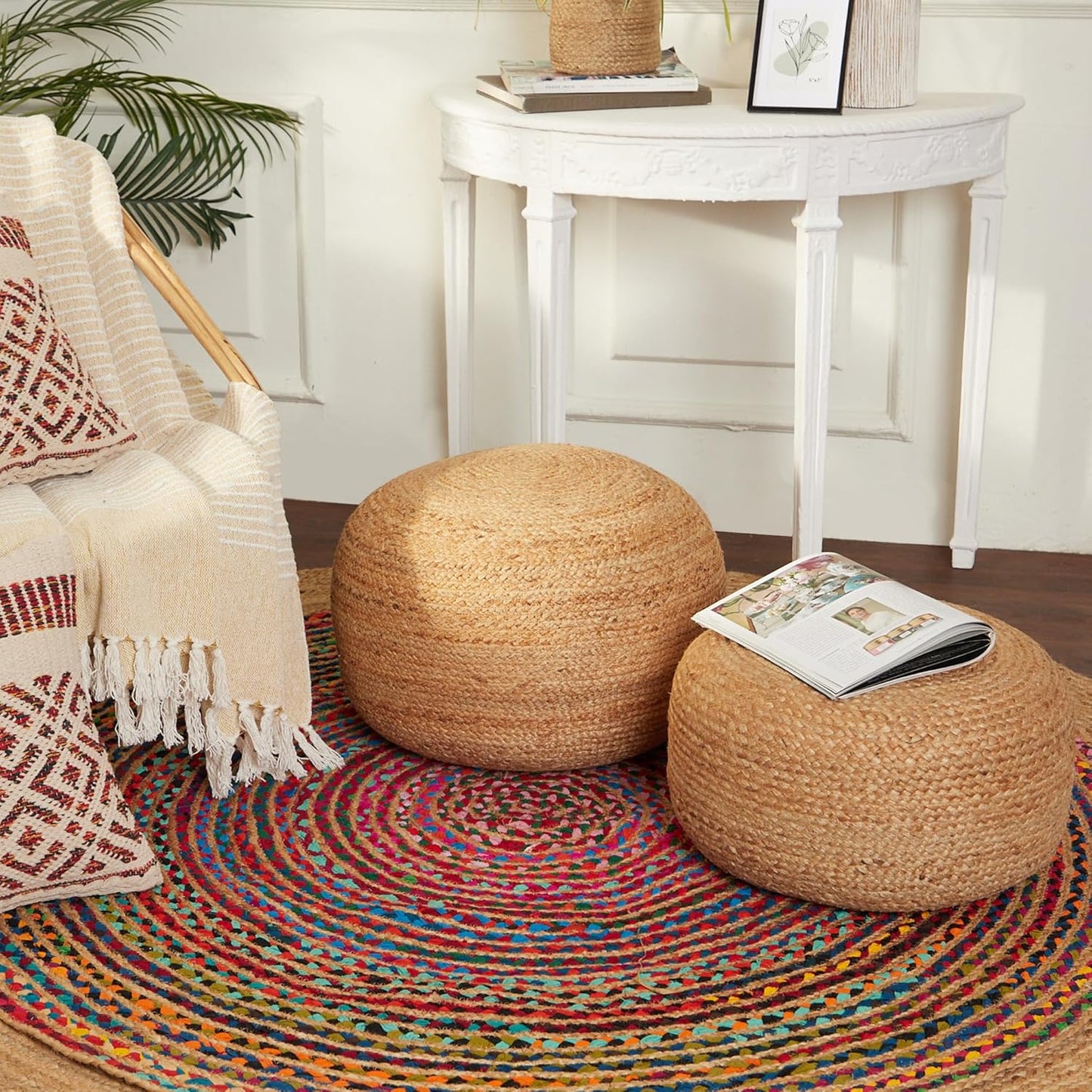 REDEARTH · Jute Circular Pouf Ottoman - Braided Pouffe Accent Sitting Round Footrest for Living Room, Bedroom, Nursery, kidsroom, Patio, Gym; 100% Jute Set of 2 (19.5"x19.5"x14"; Jute Natural)