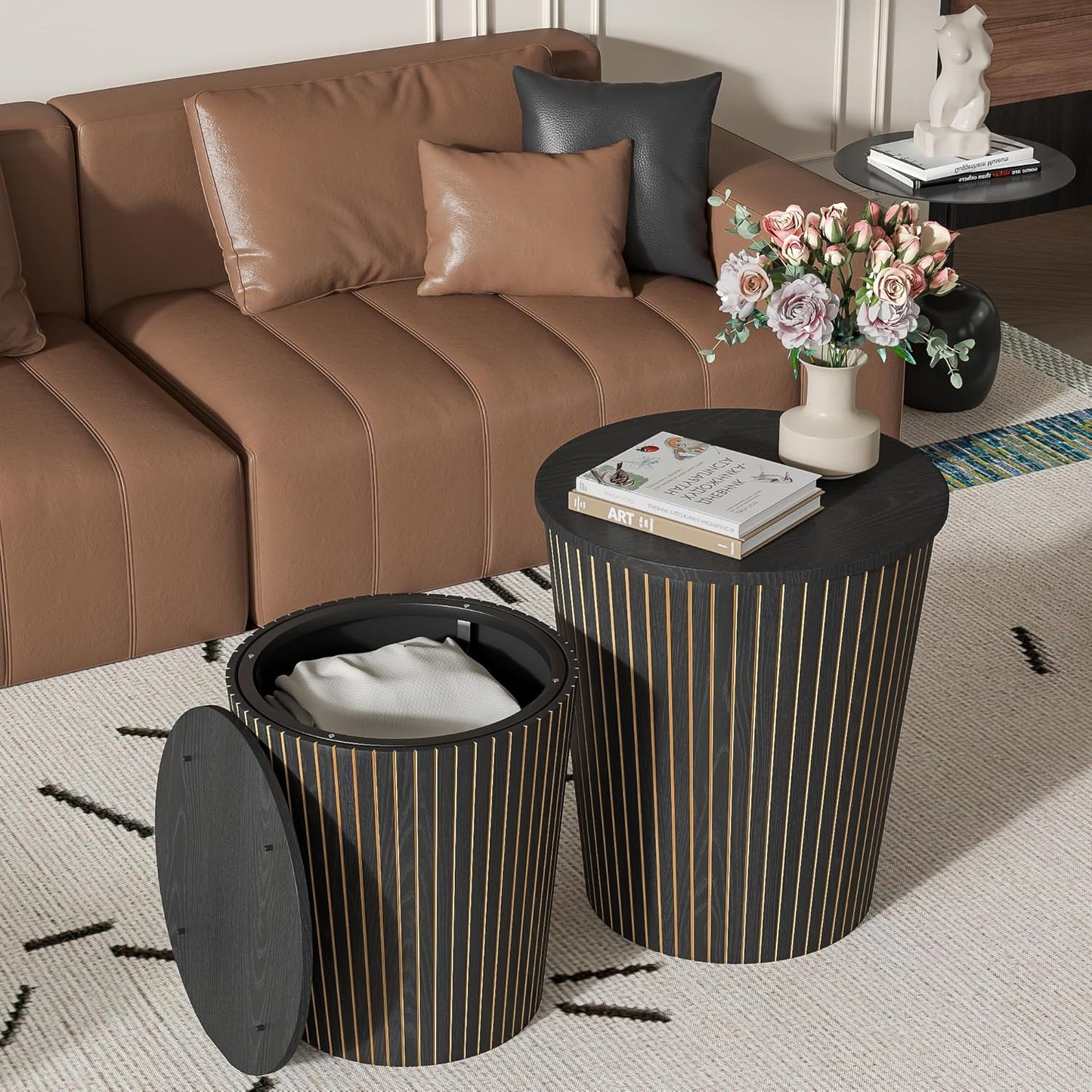 Round Coffee Table Set,2-Piece Modern Farmhouse Living Room End Table Set, Nesting Table Round Natural Finish for Living Room (Black, 17.72'')