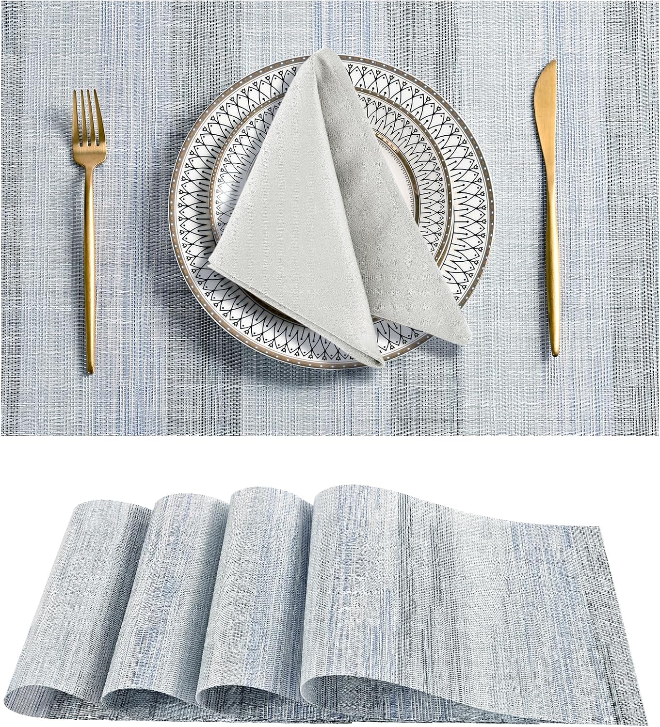 Leetaltree LightSteel Blue Placemats Set of 4 - Heat Resistant Non-Slip Place mats for Dining Table, Washable Durable PVC Vinyl Woven Table Mats（LightSteel Blue, 4）