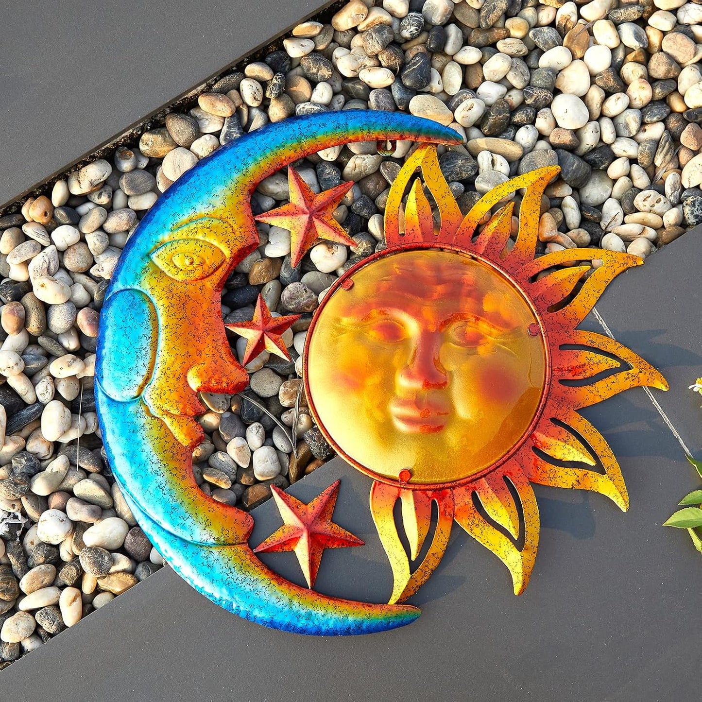 Metal Sun Outdoor Wall Art Decor Large 18 Inch with Moon & Stars, Hanging for Indoor Outdoor Patio Garden Fence Deck Yard Pool Wall Sculpture Decoration for Living Room Bedroom Colorful