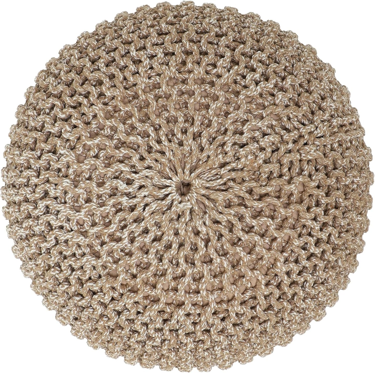 REDEARTH Round Pouf Ottoman - Hand Knitted Cable Boho Poof Home Décor Pouffe Circular Footrest for Living Room - Nursery - Bedroom - Lounge 100% Cotton (19.5"x19.5"x14") - Beige Ivory