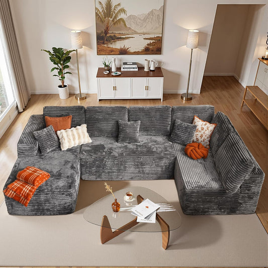 Cloud Sectional Couches for Living Room,U Shaped Modular Sofas No Assembly,133x68 Inches Plush Corduroy Oversized Floor Couch Set with Deep Seat Chaise,Grey