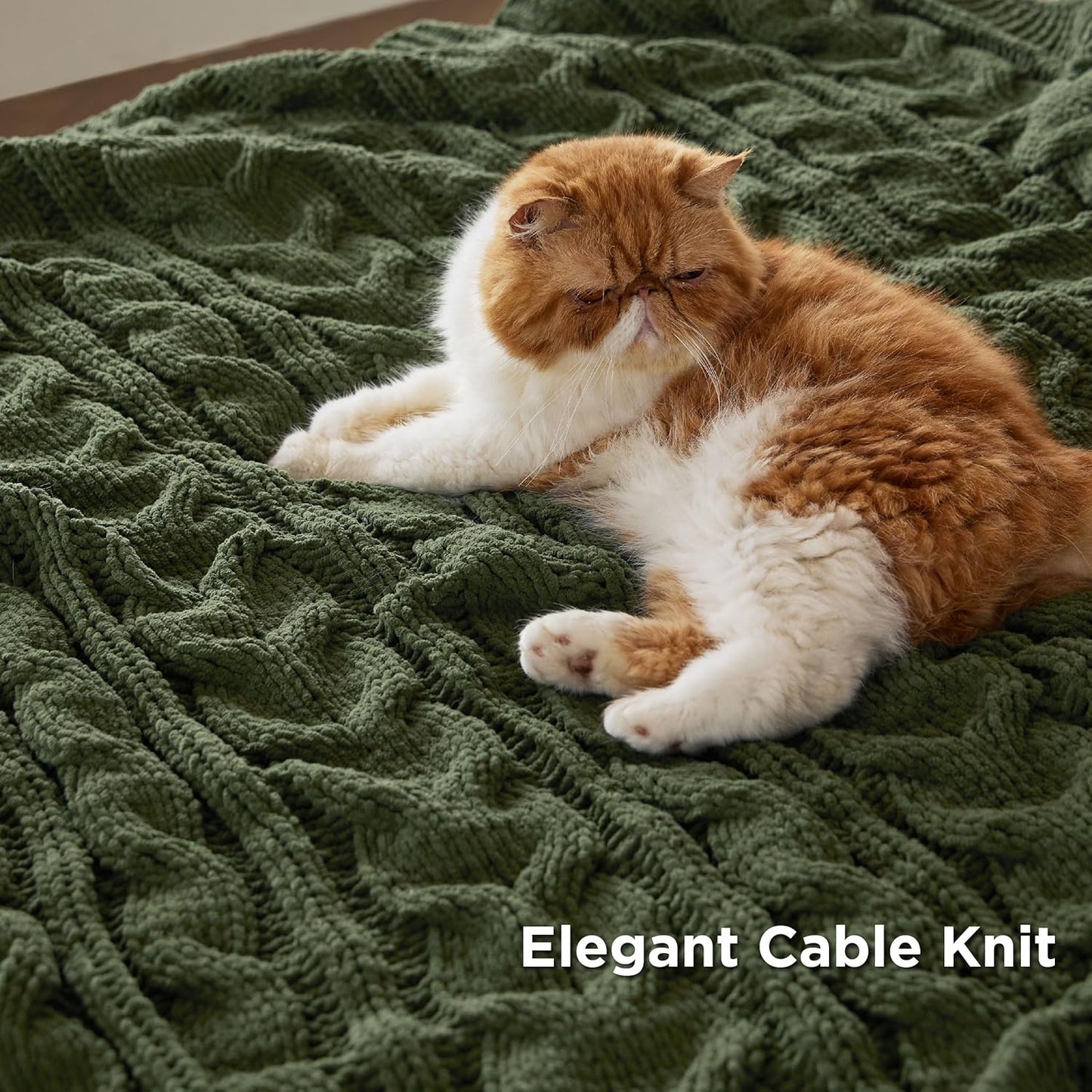 Bedsure Cable Knit Throw Blanket for Couch Bed - Breathable Chenille Chunky Knit Throw Blanket for Decorative Gift, GentleSoft Cozy and Warm for Winter and All Seasons, Green, 50x60 Inches