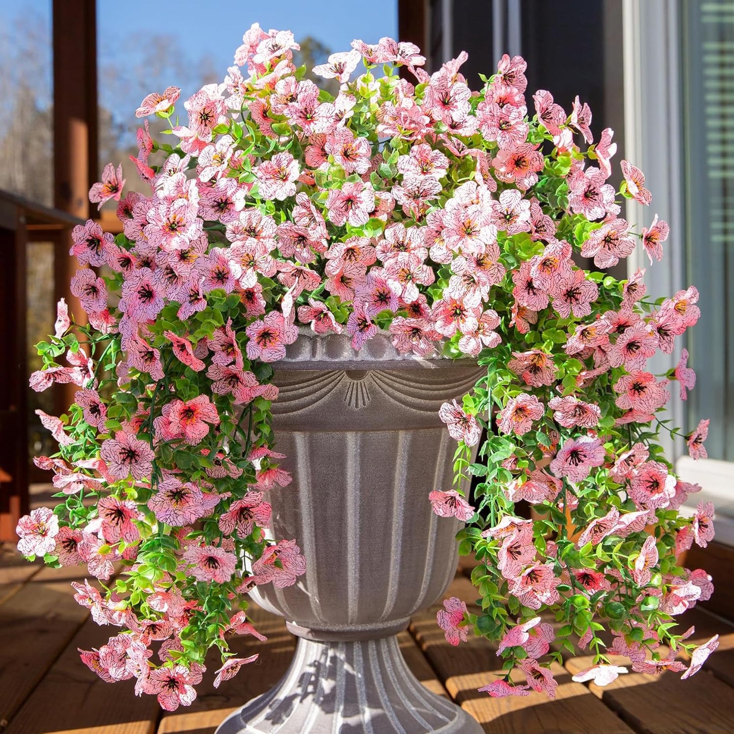 Artificial Faux Outdoor Outside Flowers Plants, 2 PCS Fake Silk UV Resistant Look Real Pink Daisy Trailing Vines for Front Door Porch Planter Urn Patio Balcony Decoration