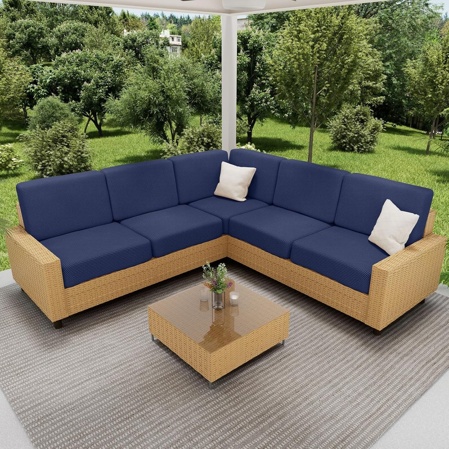 hyha Waterproof Couch Cushion Covers for Pets, Non Slip Sofa Seat Cover for Dogs Washable, Soft Thick Stretch Jacquard Fabric, Sofa Slipcovers with Elastic Bottom (2 Pieces, Navy)