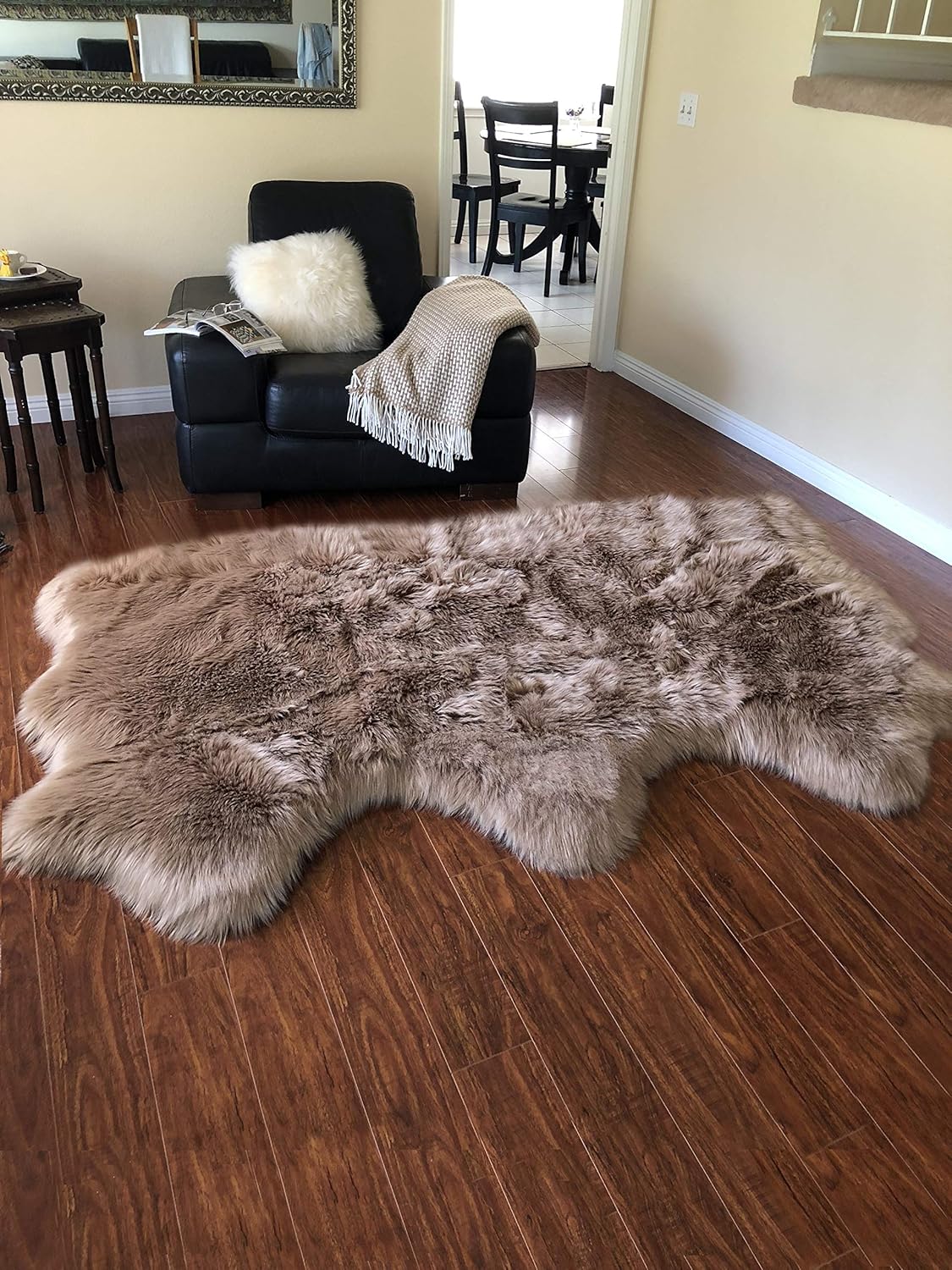 LAMBZY Faux Sheepskin Hypoallergenic Free Shape Silky Shag Rug, Luxury Shaggy Silky Plush Carpet for Bedrooms Rugs Living Room Kids Rooms Sofa Floor Rugs (Triple Side by Side 3'x6', Camel)