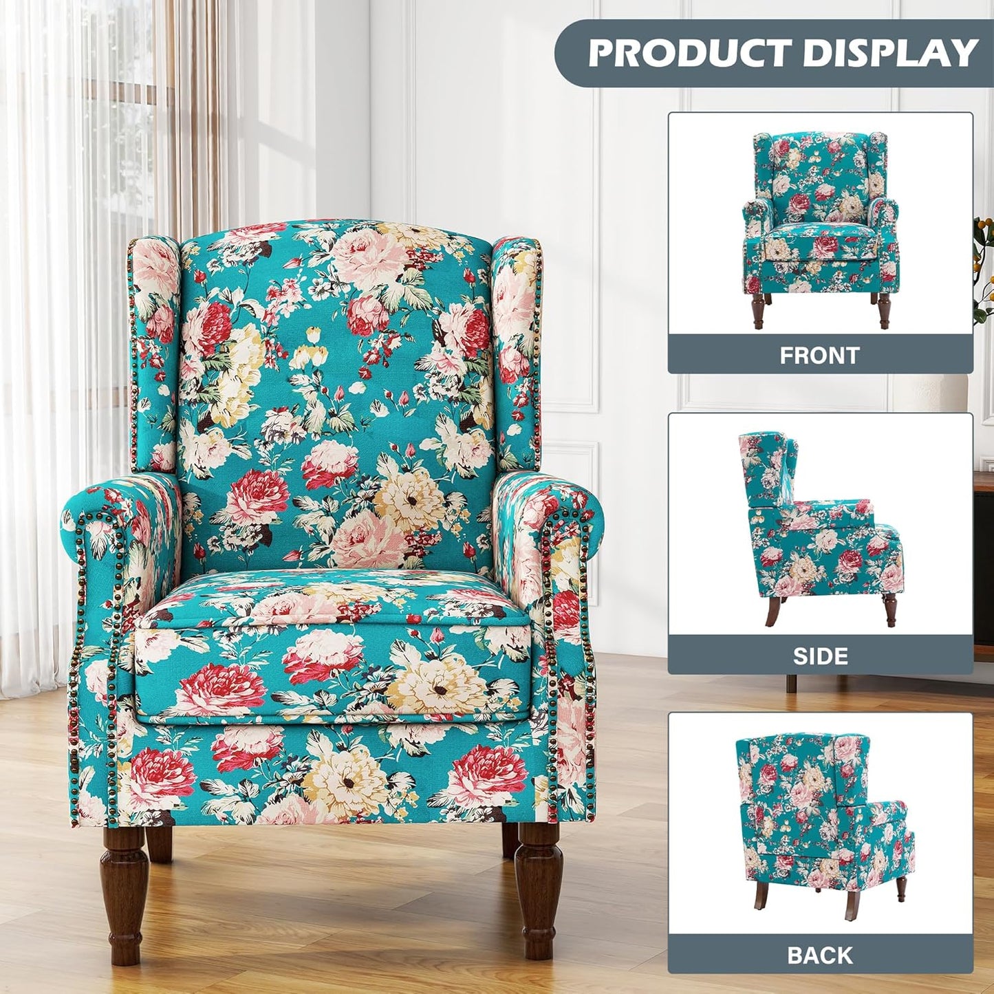 UIXE High Back Floral Accent Chairs Set of 2, Upholstered Armchair in Fabric, Retro Printed Wingback Arm Chair for Living Room, Nailhead Trim Single Sofa Bedroom Reading Seat - Peacock Blue