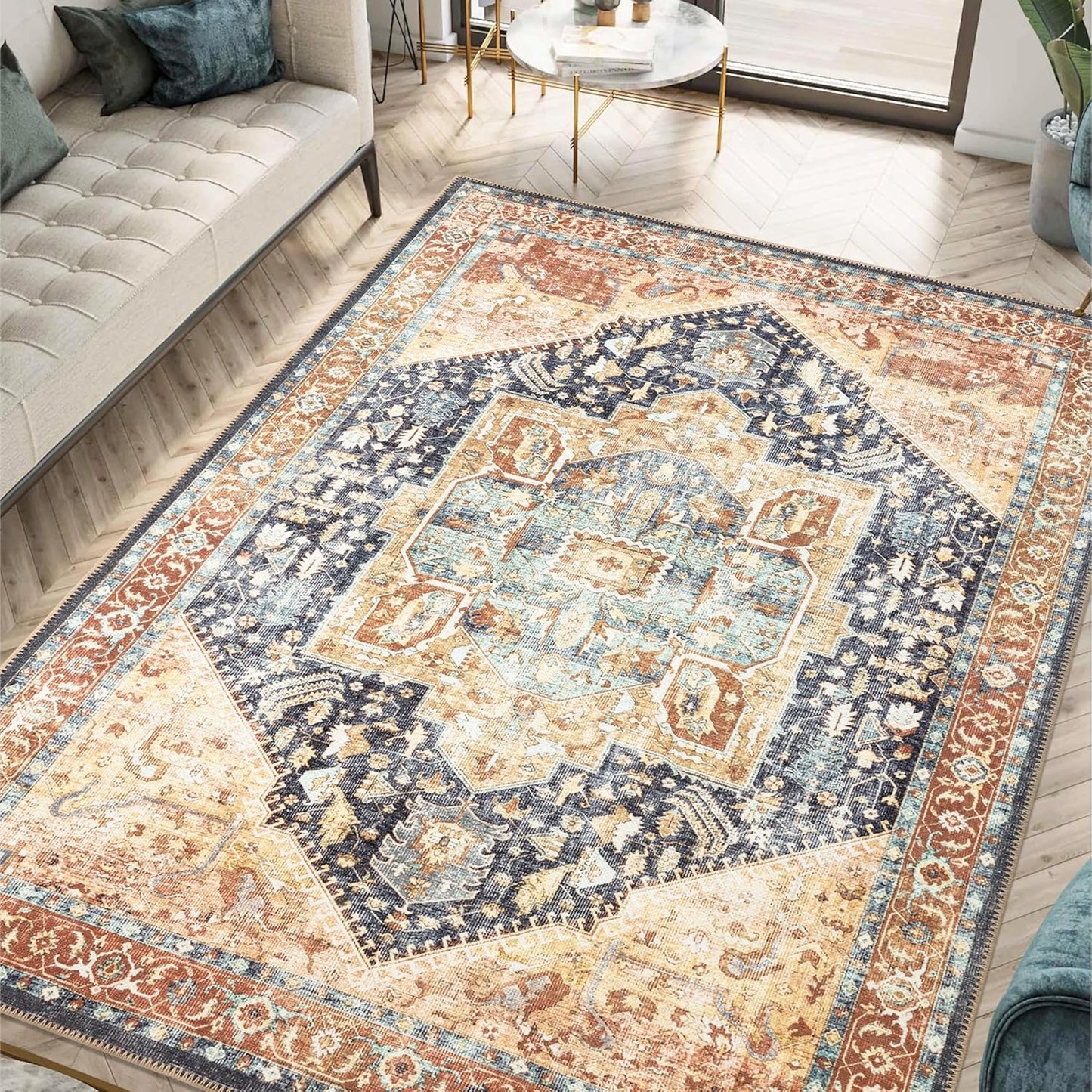 Keen Home Design 6x9 Rug - Machine Washable Area Rug with Non-Slip Backing, Ideal for Living Room, Dining Room, Bedroom - Vintage, Easy Clean, Durable, Low Pile Rug - (6' x 9')