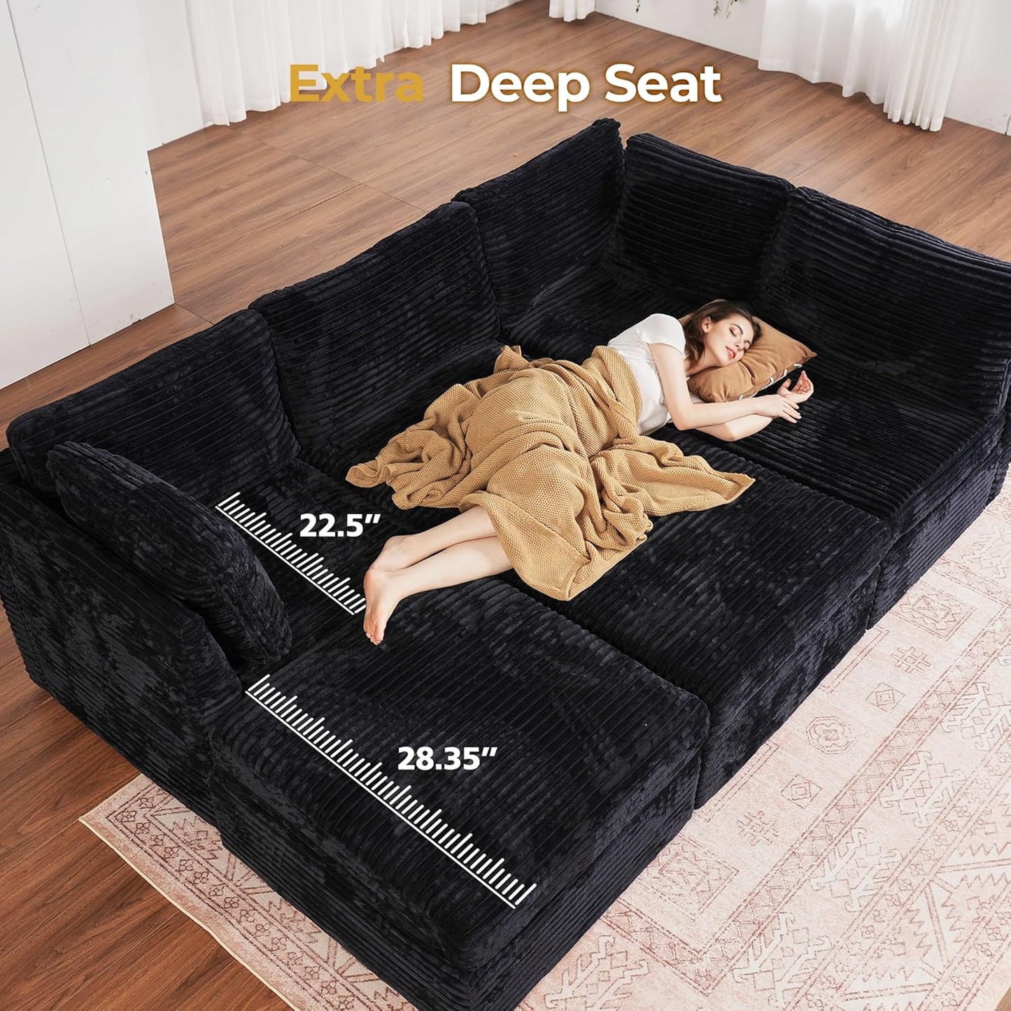 HOOOWOOO Modular Sectional Sofa,5 Pieces Sectional Couches for Living Room,98X98 L Shaped Cloud Couch Set(Black Velvet Corduroy)