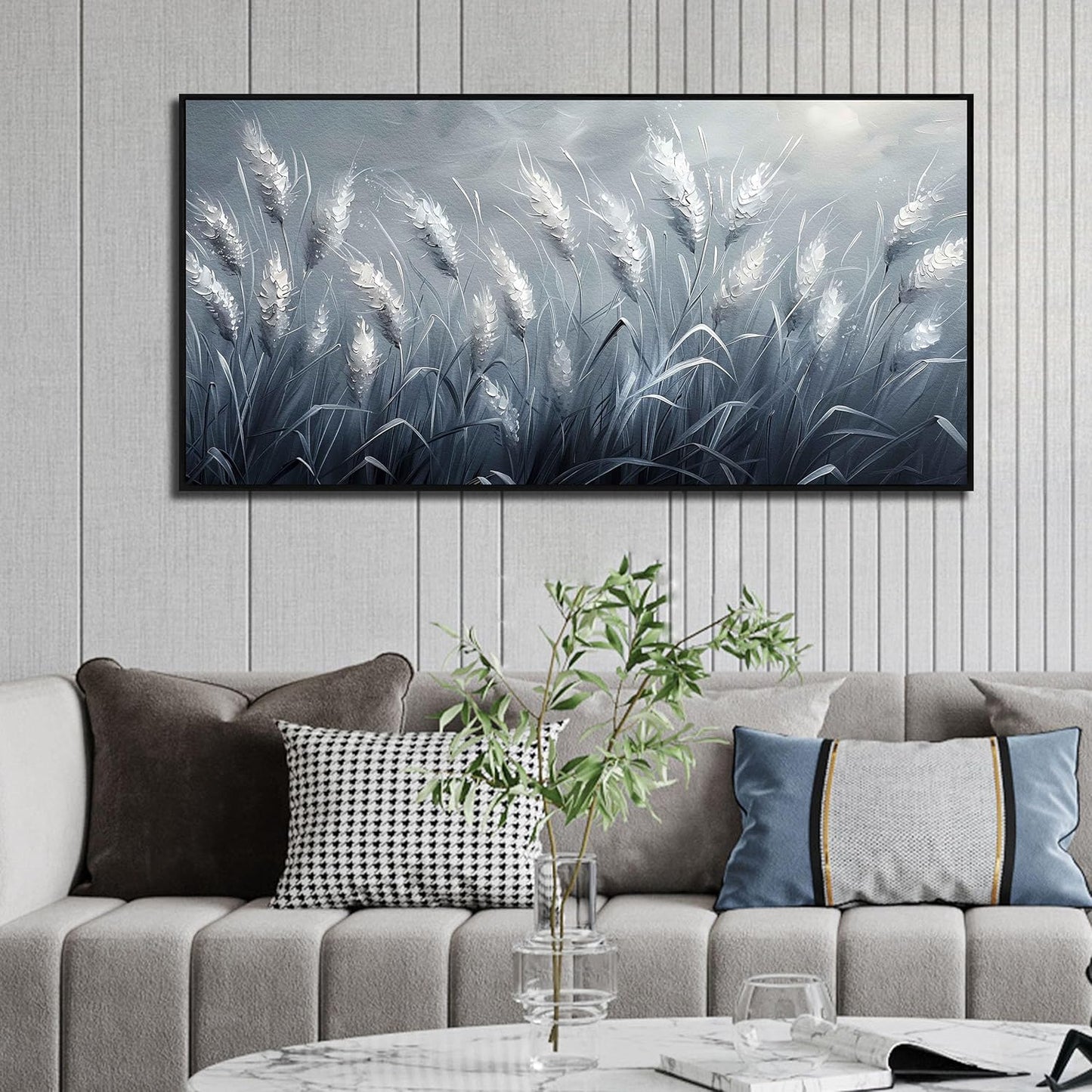 Plant Pictures Wall Art Reed Artwork White Photos Wall Decor 24"x 48" Grey Large Wall Decorations for Girl Room Decor