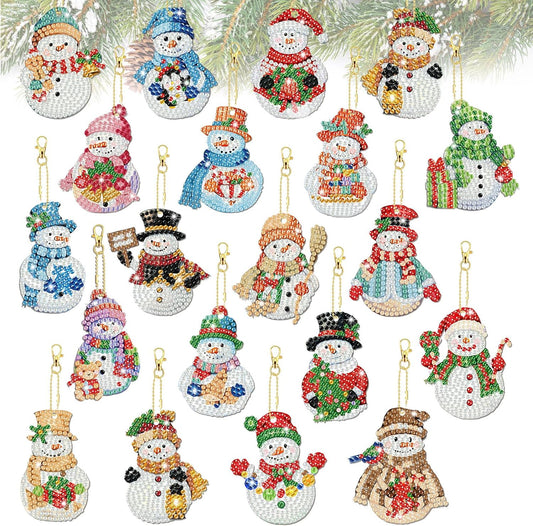 Tondiamo 20 Pcs Christmas Diamond Painting Keychain Kits 5D DIY Diamond Art Pendants Double Sided Hanging Key Chains for Christmas Party Decoration DIY (Snowman)