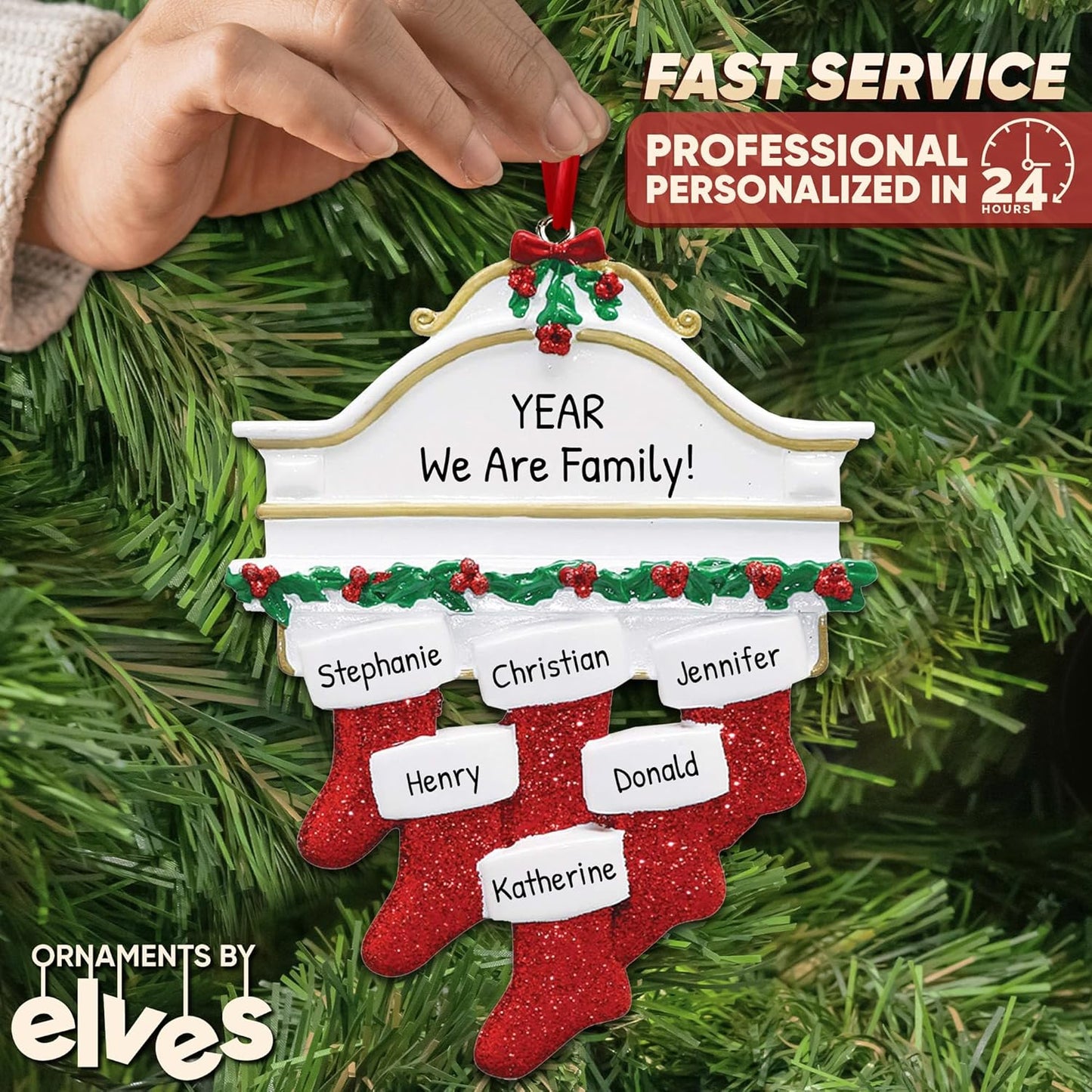 3D White Mantle Family of 6 Christmas Ornament 2025 Personalized Family Christmas Ornaments 2025 | Garland Fireplace Personalized Tree Ornaments Customizable Gifts Red Stockings of Six Ornament