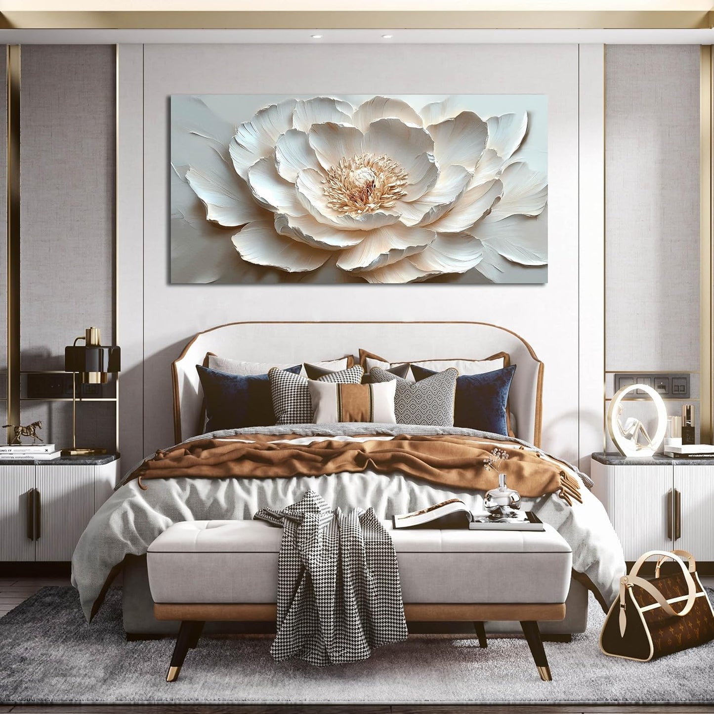White Flower Wall Art for Living Room - Large Modern Wall Art Bedroom - Floral Bedroom Wall Decor for Teen Girls Size 29" x 59"