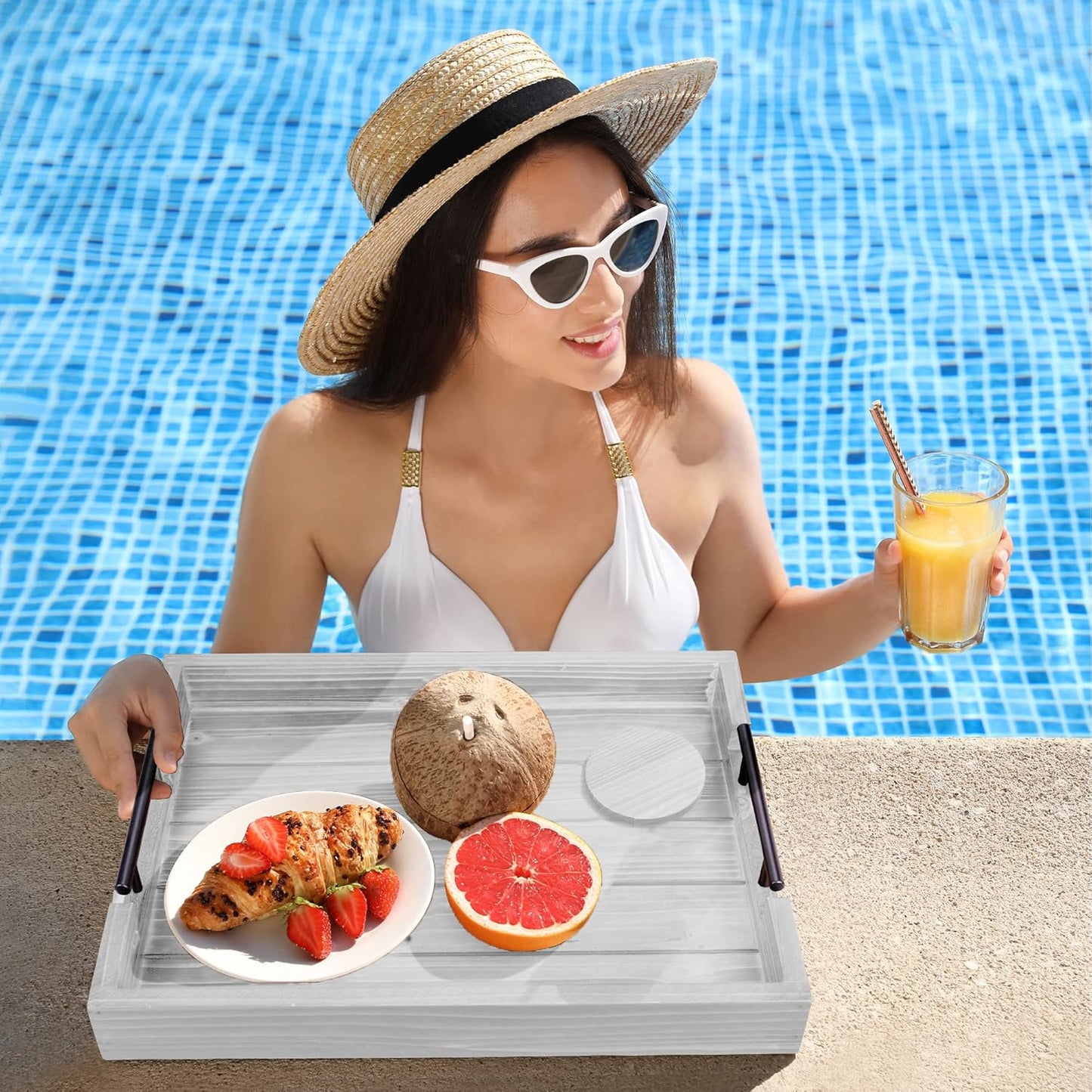 Ottoman Tray | Coffee Table Tray Decorative, Serving Tray with Handles - 17x13 Inch Wood Tray for Coffee Table Tray - with 4 Wooden Coasters -Tray for Ottoman, Breakfast