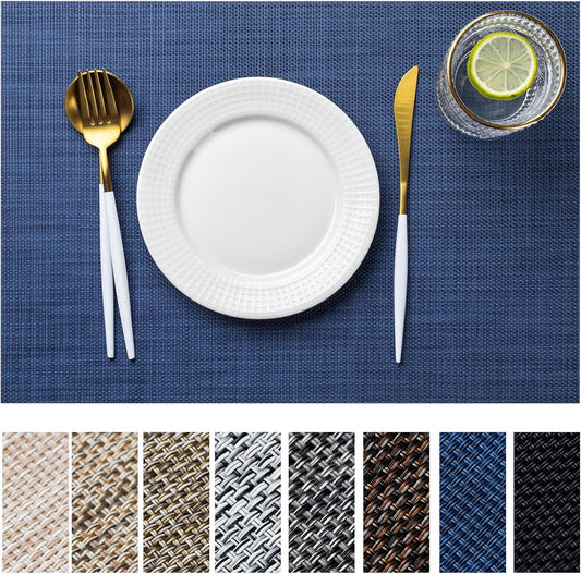 LEXMORE Placemats Set of 8 Vinyl/Plastic Woven Place Mats for Kitchen Table Indoor/Outdoor Washable Placemat Wipeable Dining Table Mats(Navy Blue)