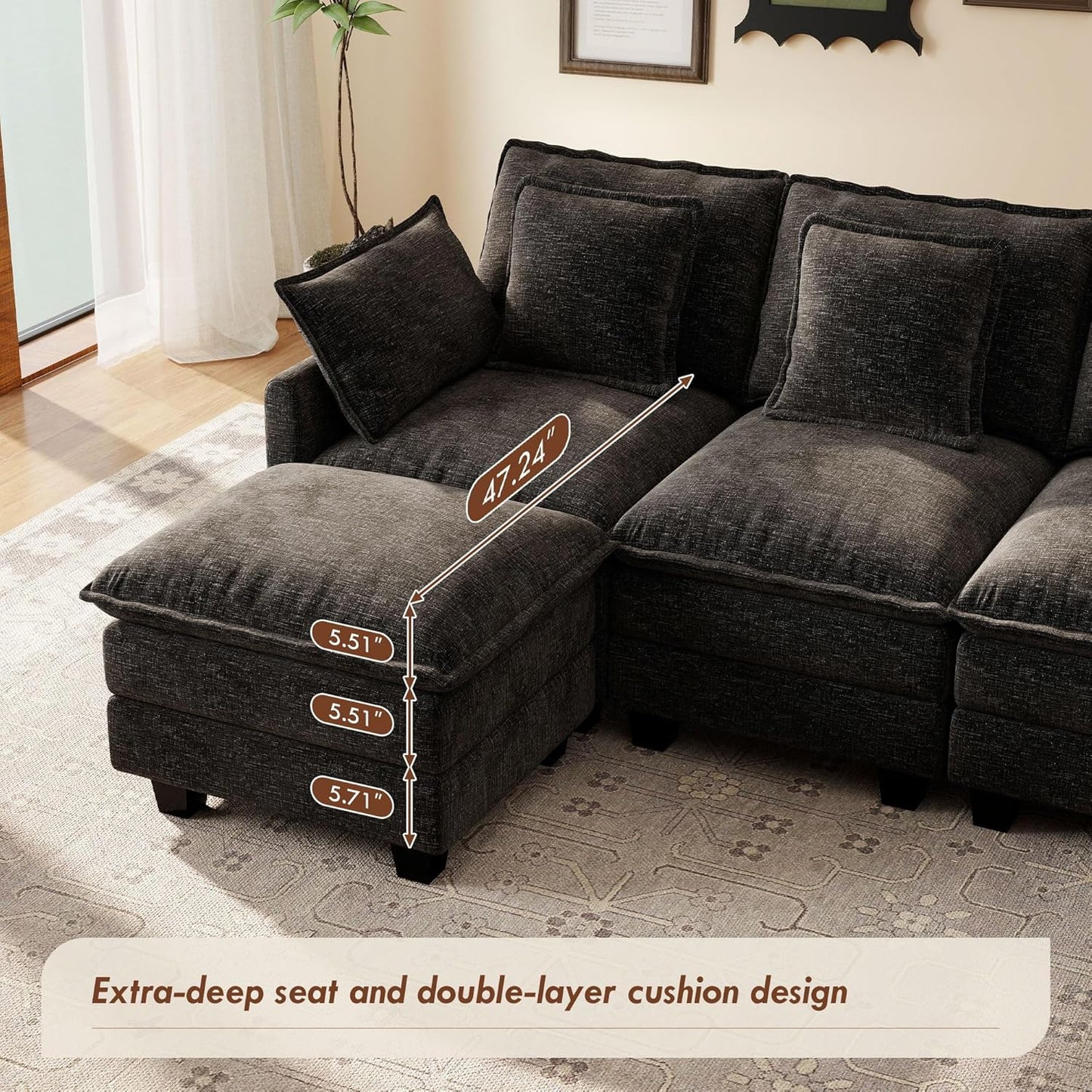 Ihanherry 106" L Shaped Modular Sectional Cloud Sofa, Modern 6 Seat Chenille Couch with Ottoman for Living Room, Bedroom and Apartment, Black