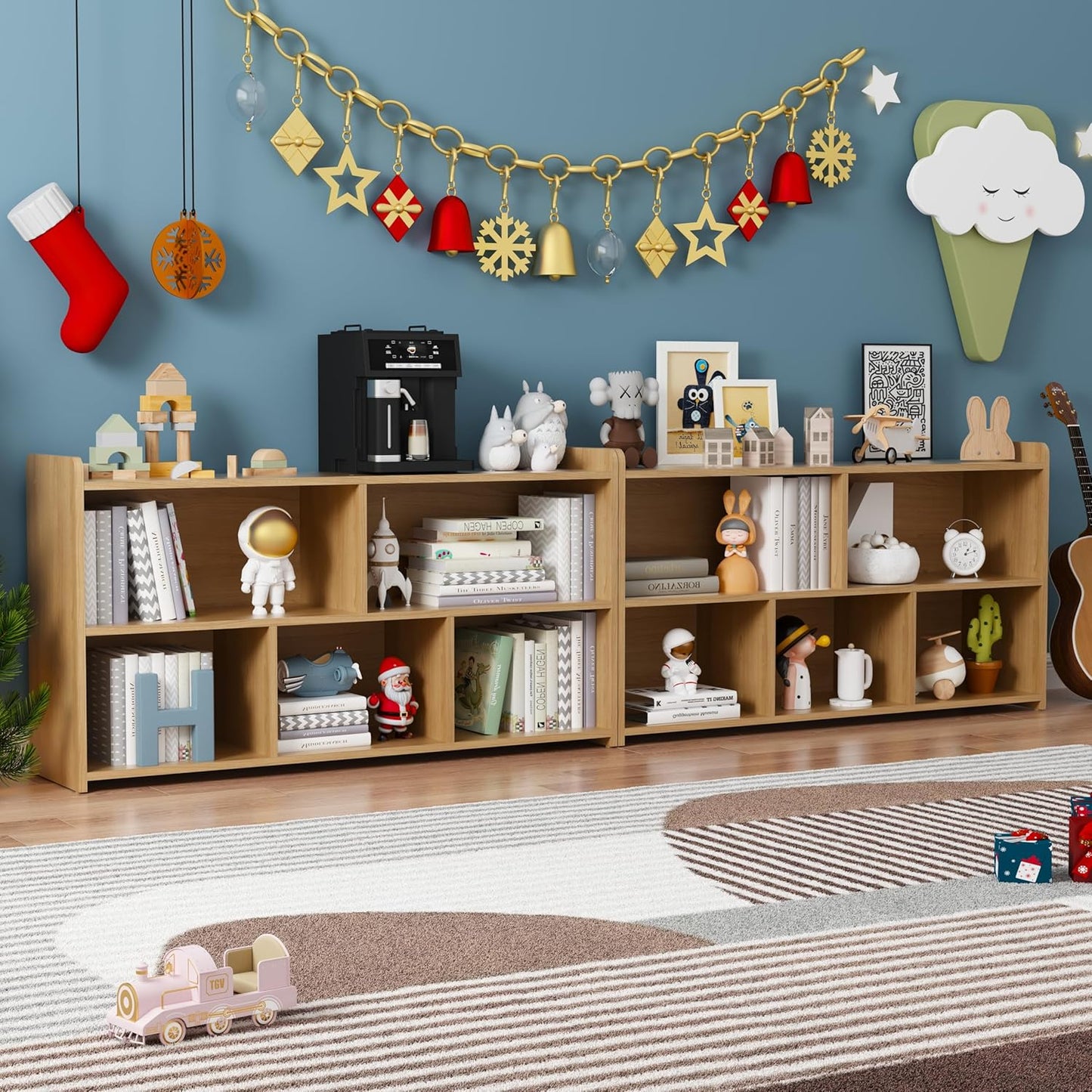 Book Shelf Set of 2, 5 Cubes Storage Organizer, Freestanding Log Bookshelf Cube Shelf for Bedroom, Living Room, Home Office, Open Bookshelf Wooden Bookcase