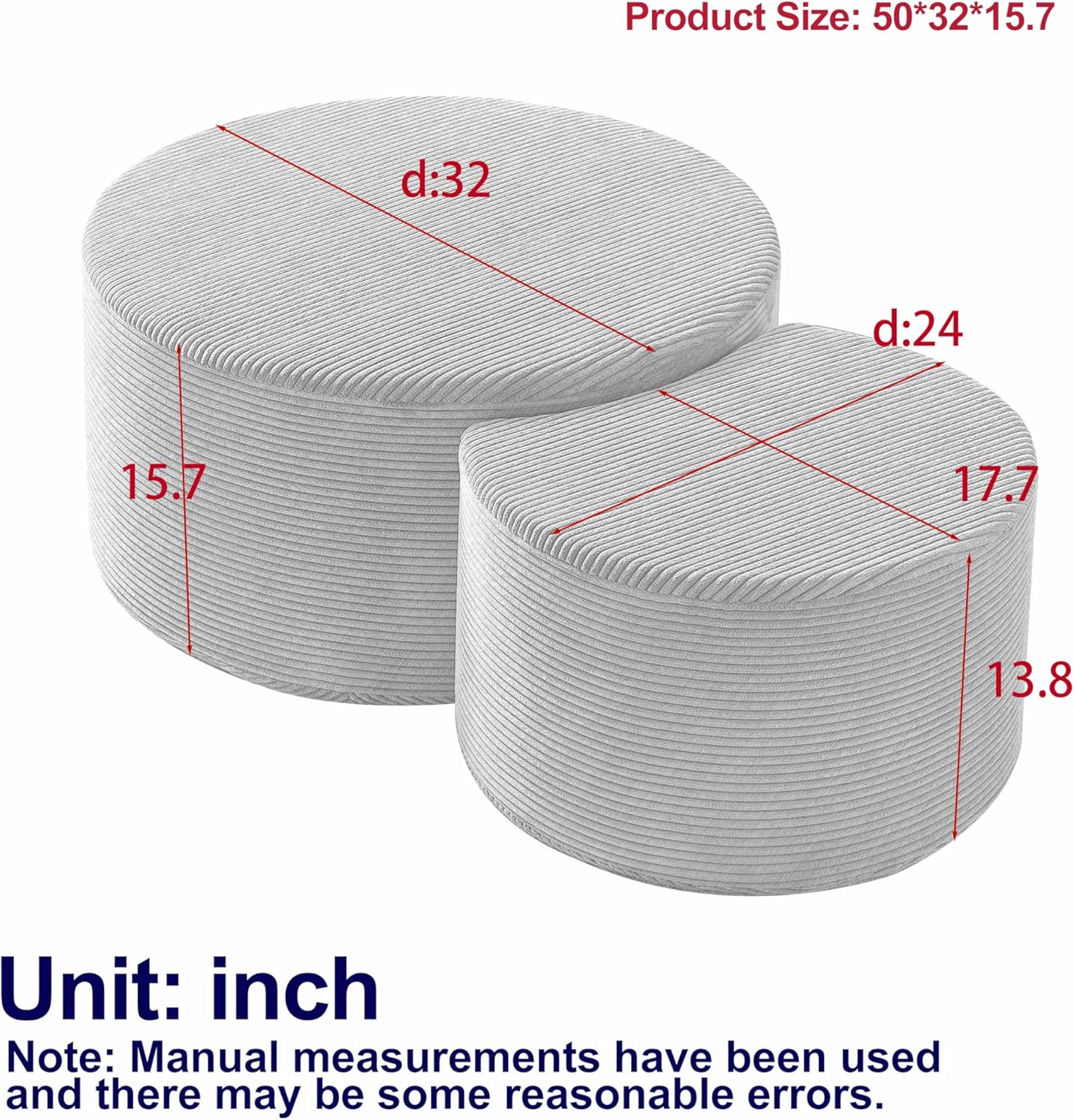 WILLIAMSPACE 50" Foam Nesting Coffee Table Set of 2, Modern Upholstered Round Center Tables for Living Room, Accent Side Tea Table Ottoman, No Assembly - Black