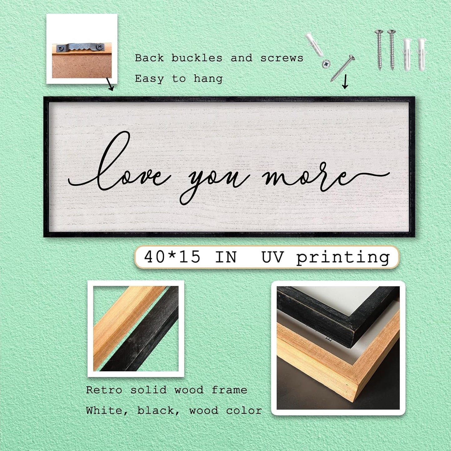 LuZhiQiang Love You More Sign Wall Decor 40"x15" for Master Bedroom Above Over Bed Large Simple Wood Framed Hanging Wall Art (Black)