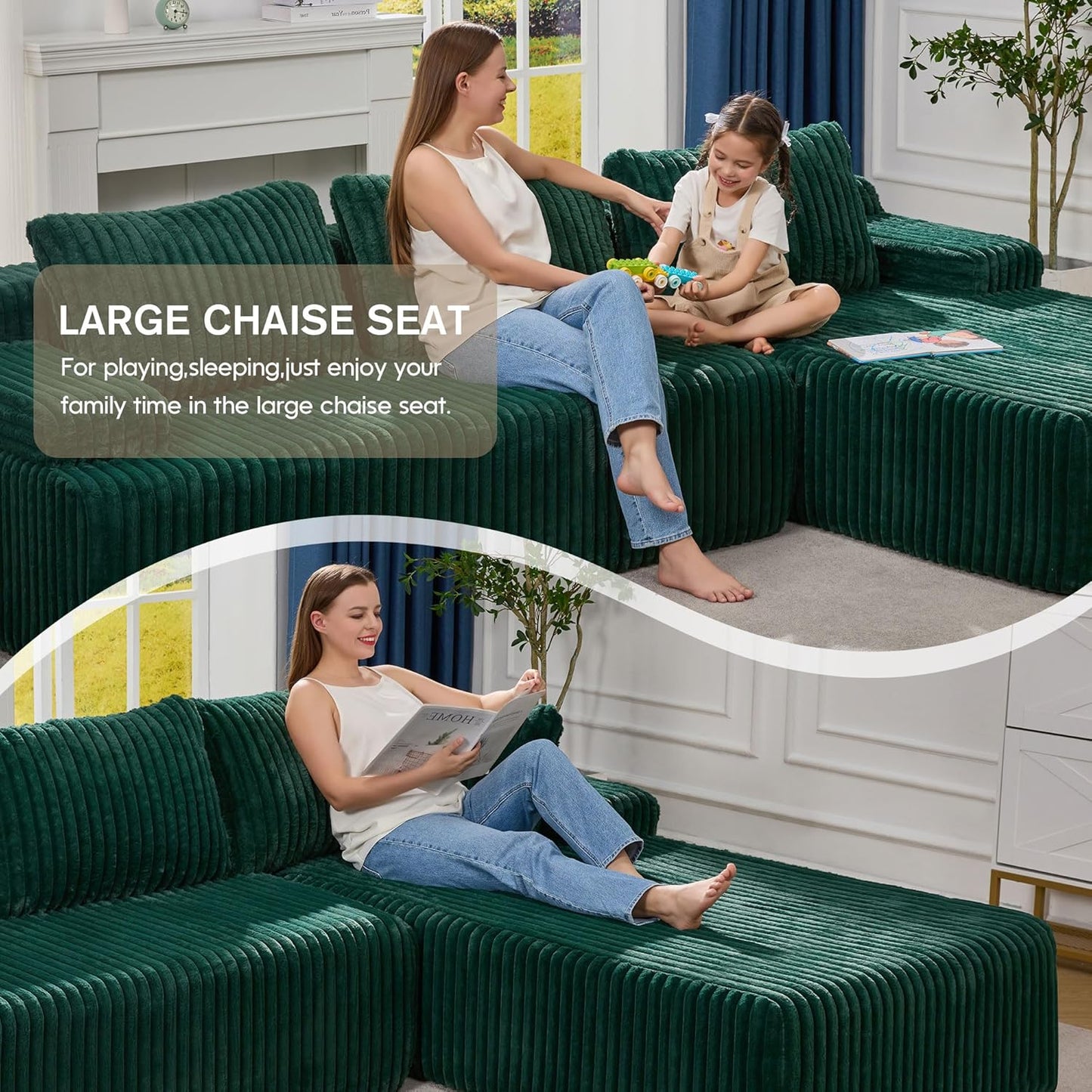 Hobestluk Modular Sectional Sofa Couches 108" L-Shape Couch 3 Seat Modular Sofa Memory Foam Sectional Couches for Living Room, Boneless Couch with Oversized Chaise (Green, Right Facing)