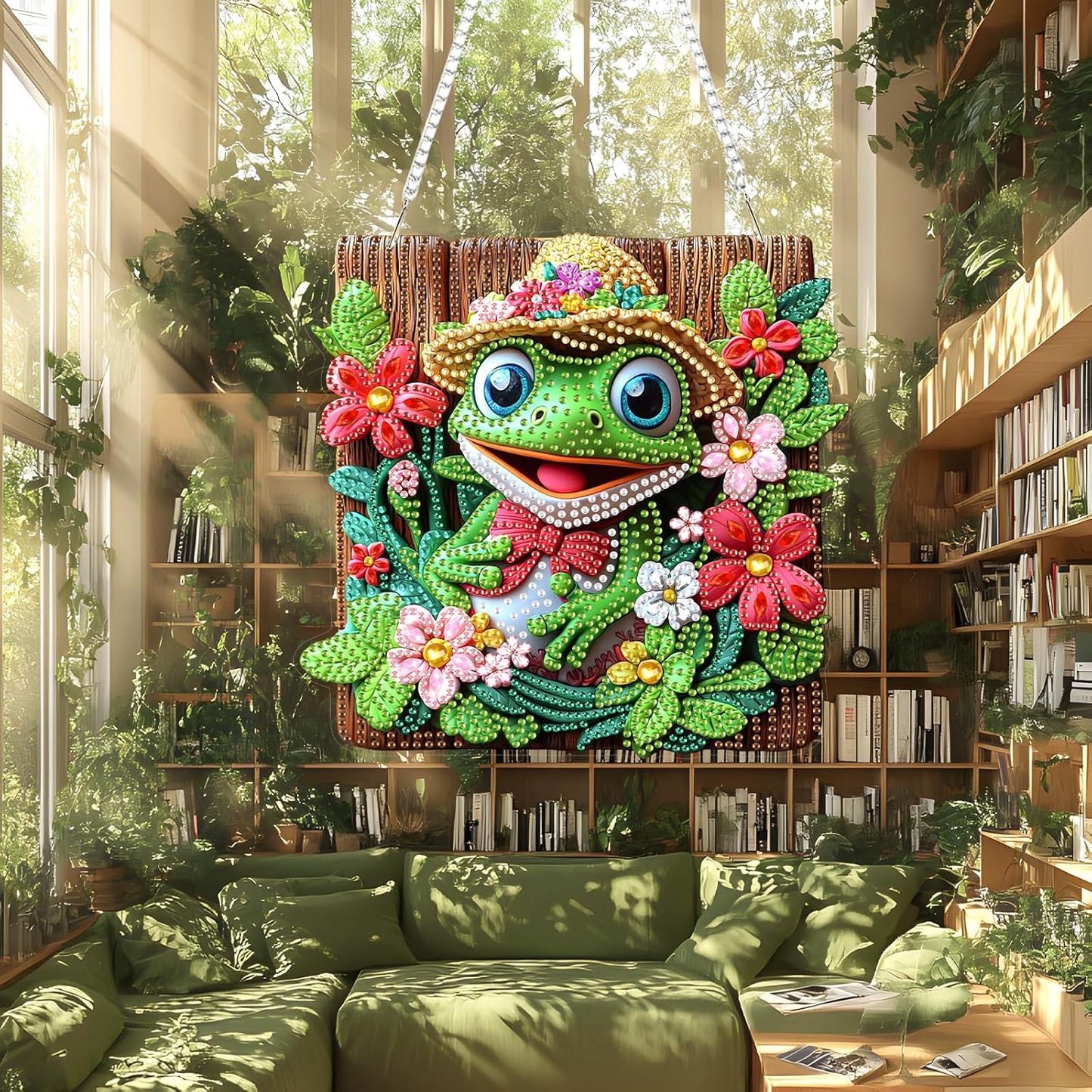 Lxmsja DIY Cute Frog Diamond Painting Hanging Ornament, Double-Sided Acrylic Flowers Diamond Art Kit, Special Shaped Drill Pendant Window Art Kit, Suncatcher Hanging Craft Decoration 8x8 inch