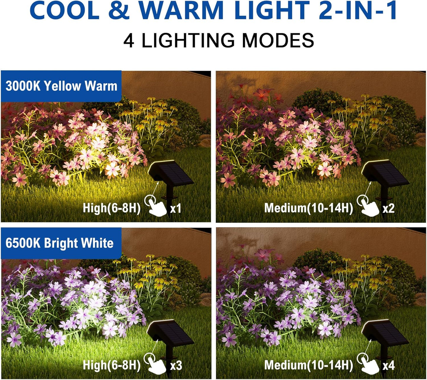 Solar Spot Lights Outdoor Waterproof IP65,6 Pack,2CCT(3000K/6500K), Super Bright LED, 4 Lighting Modes Selectable, Solar Powered Yard Garden Solar Spot Lights for Outside Landscape Auto On/Off